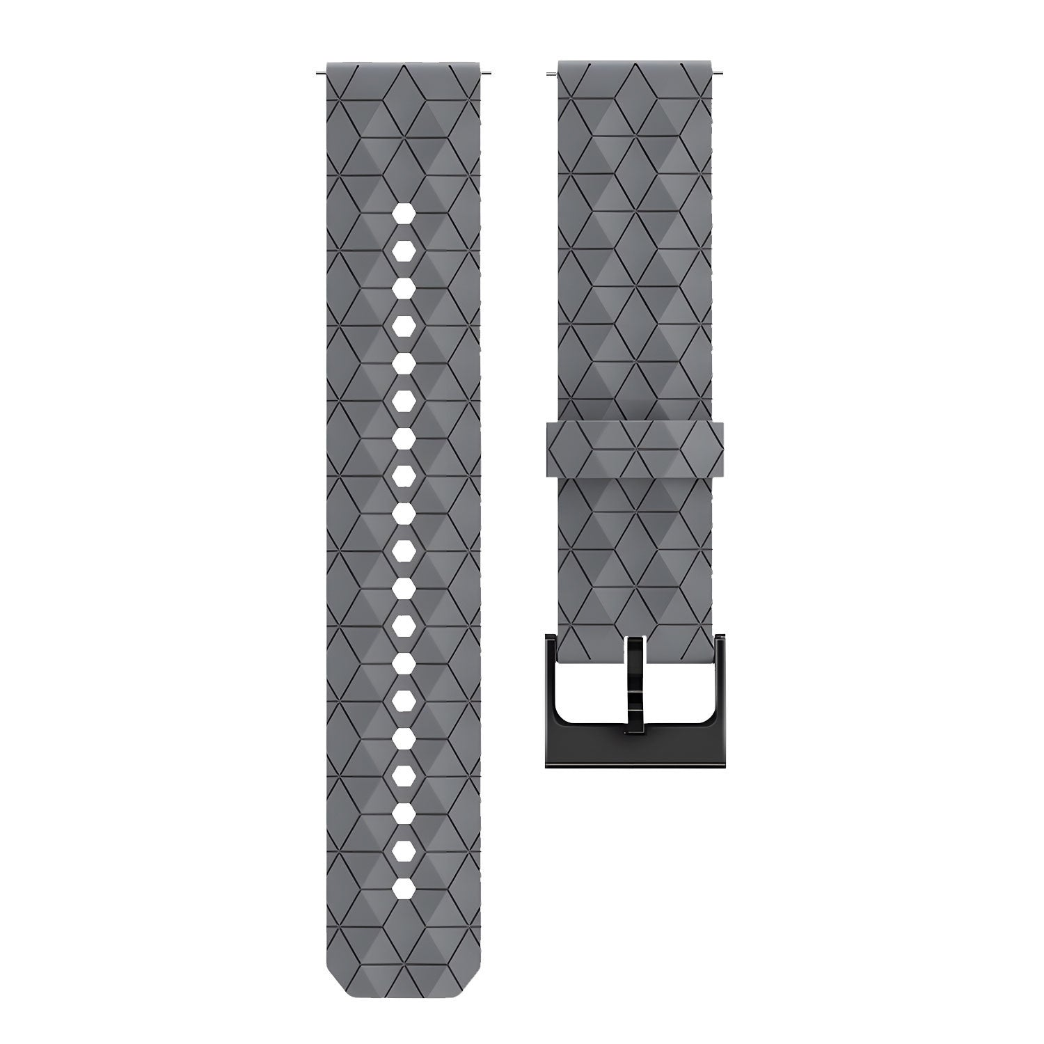 Zwei graue Uhrenarmbänder mit geometrischem Muster. Eines hat Löcher, das andere eine schwarze Schnalle.