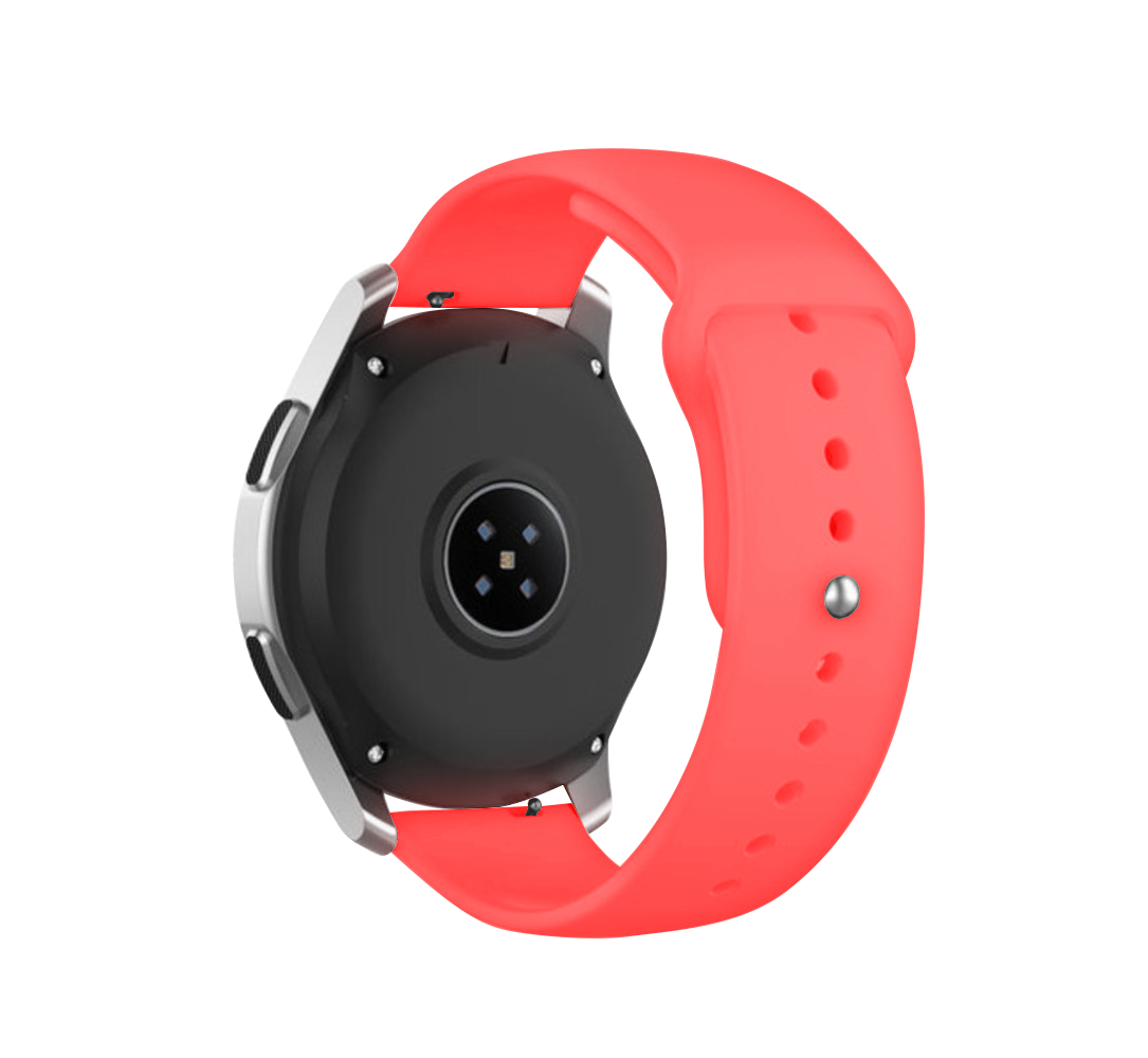 Eine Smartwatch mit schwarzer Unterseite, silbernem Rahmen und korallenfarbenem Armband. Das Armband ist mit der Uhr verbunden.