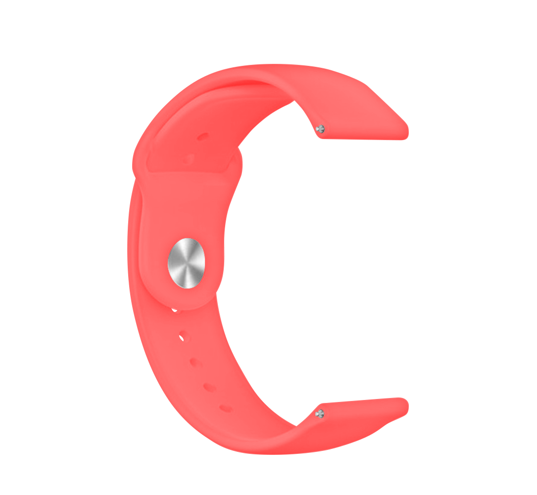 Ein korallenfarbenes Uhrenarmband ist vor weißem Hintergrund isoliert. Es hat einen Metallverschluss und mehrere Löcher zur Anpassung.