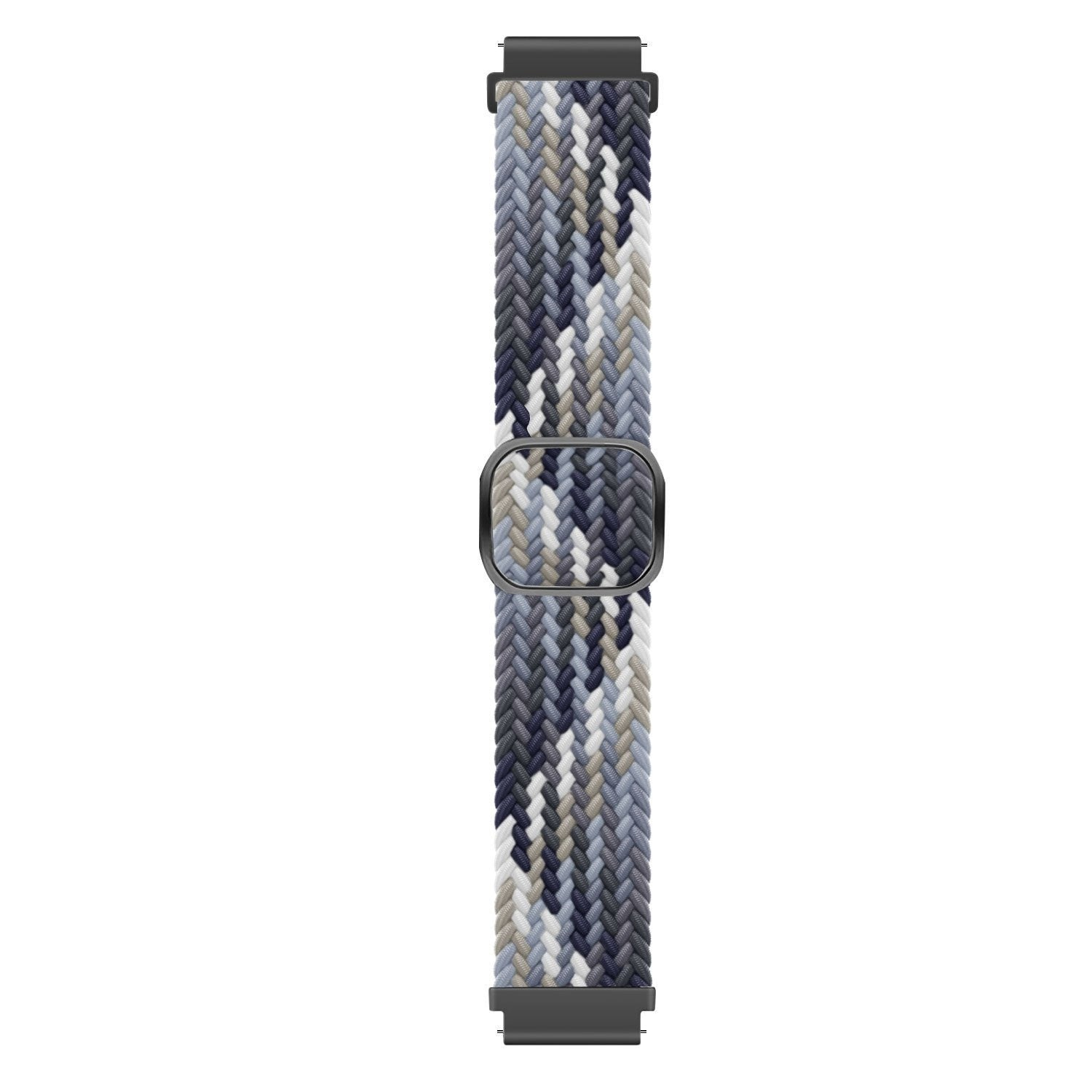 Ein Armband mit geflochtenem Muster. Die Farben umfassen Blau-, Grau- und Weißtöne. Die Schnalle und Anschlüsse sind schwarz.