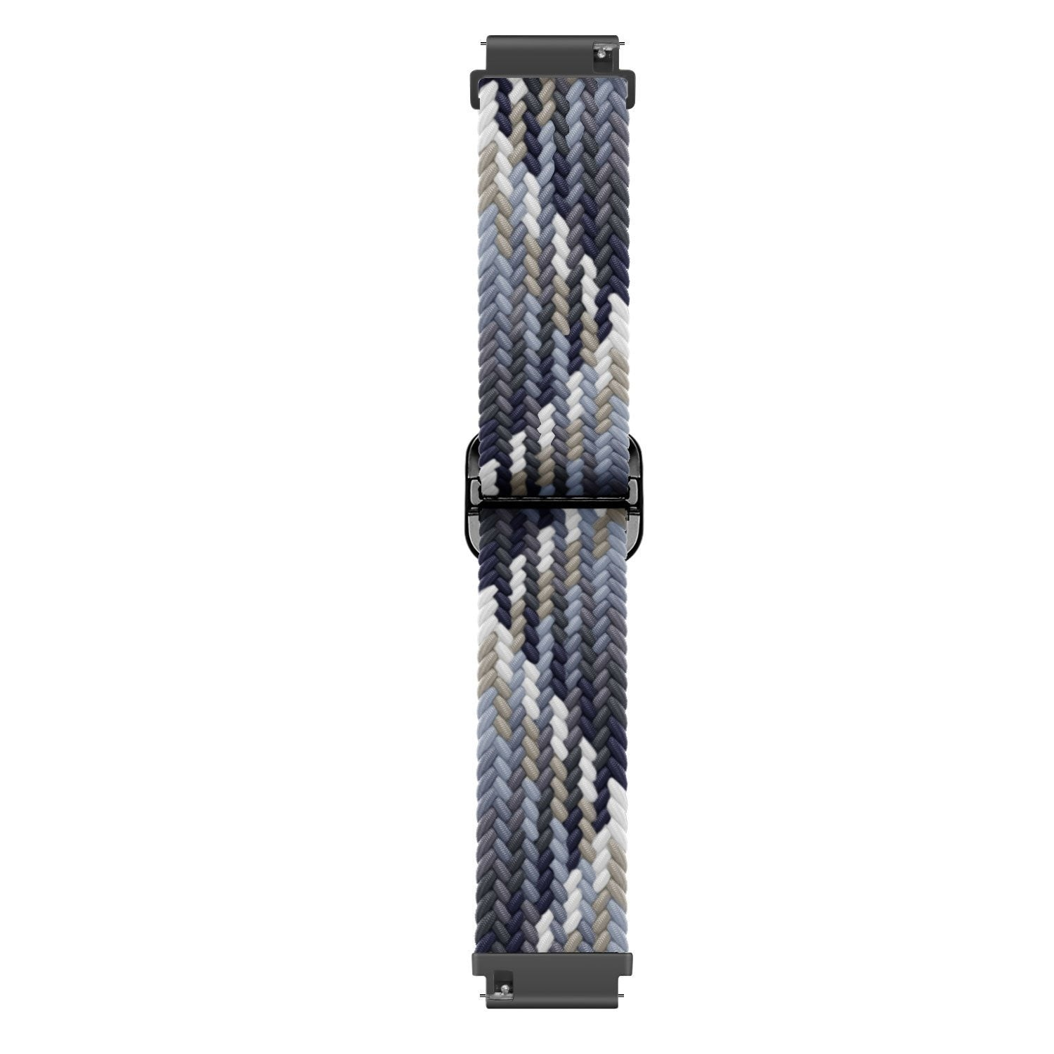 Geflochtenes Uhrenarmband mit weißen, grauen und marineblauen Strängen. Schwarze Metallschnallen und -anschlüsse sind sichtbar.