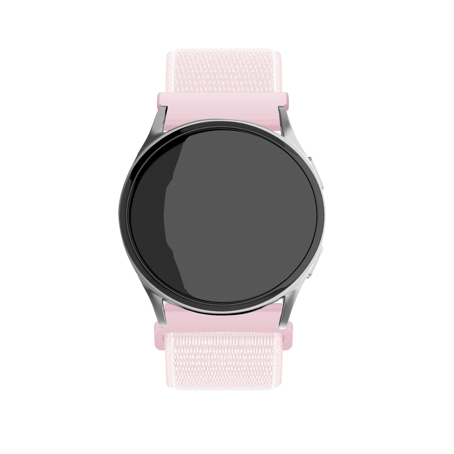 Eine Smartwatch mit schwarzem Bildschirm und hellrosa Armband auf weißem Hintergrund. Die Uhr hat eine silberne Lünette.