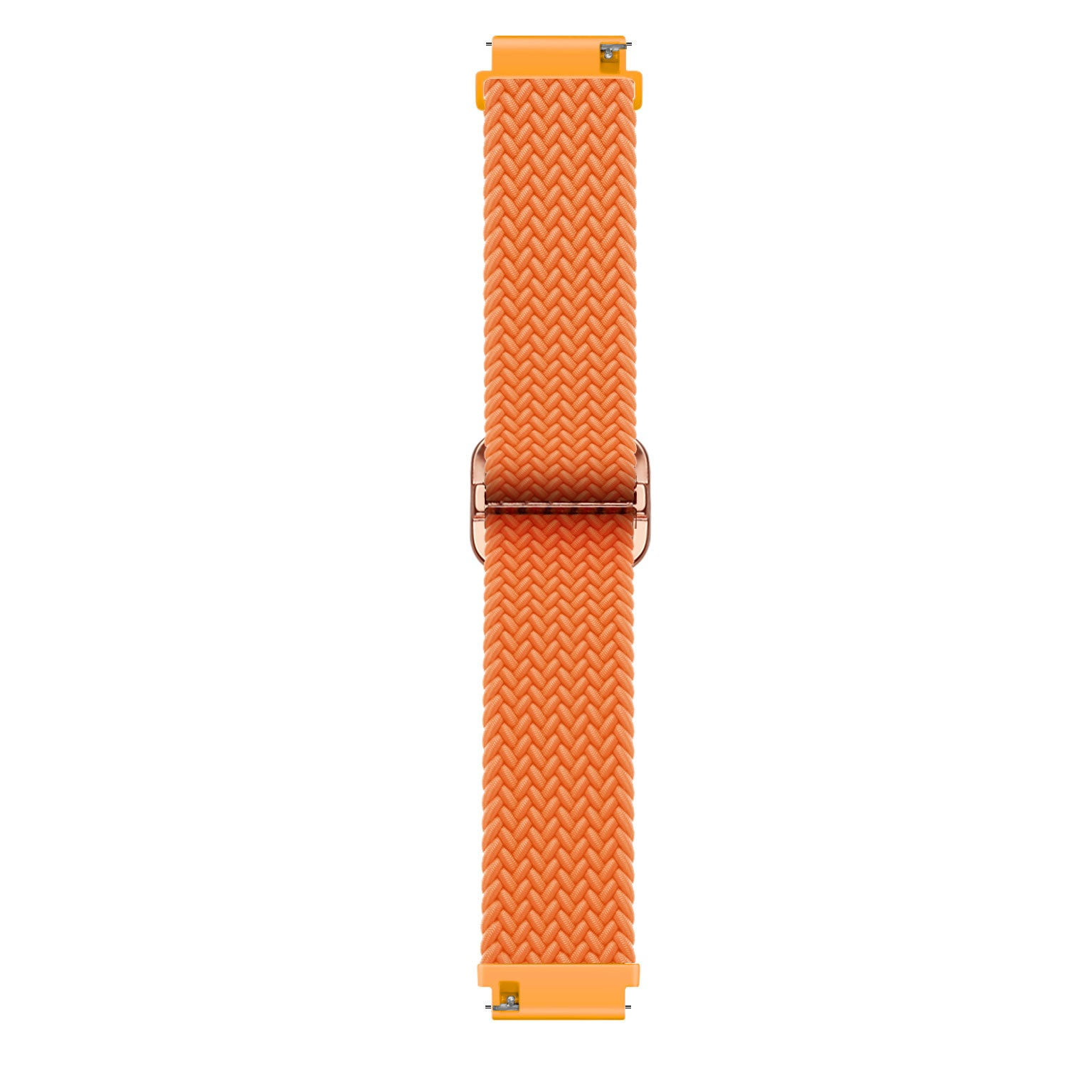 Ein orangefarbenes, geflochtenes Armband. Es hat einen Metallverschluss in der Mitte und Metallverbinder an beiden Enden. Der Hintergrund ist weiß.