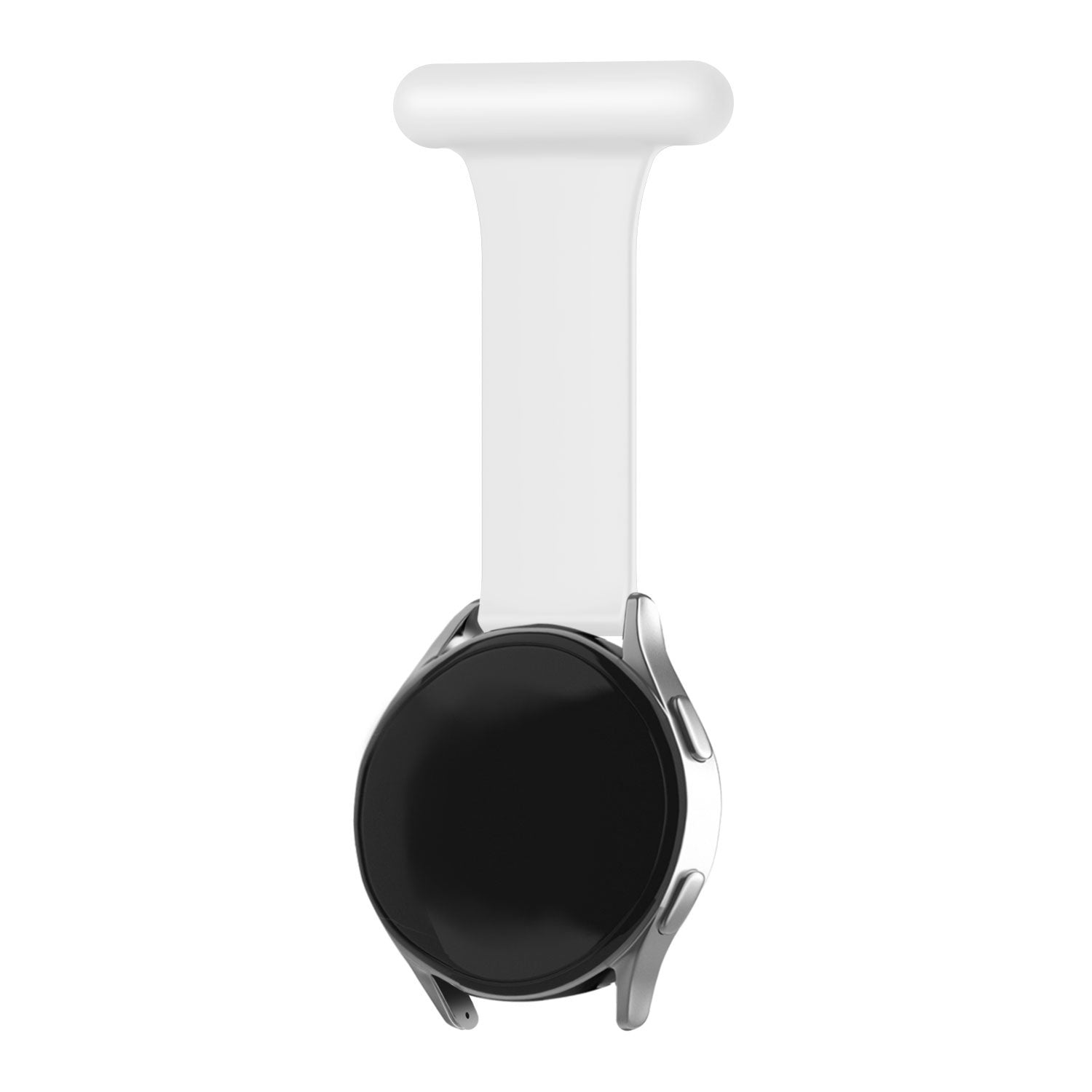 Eine Smartwatch mit schwarzem Bildschirm und silbernem Gehäuse, befestigt an einem weißen Armband. Das Armband hat ein abgerundetes Ende.