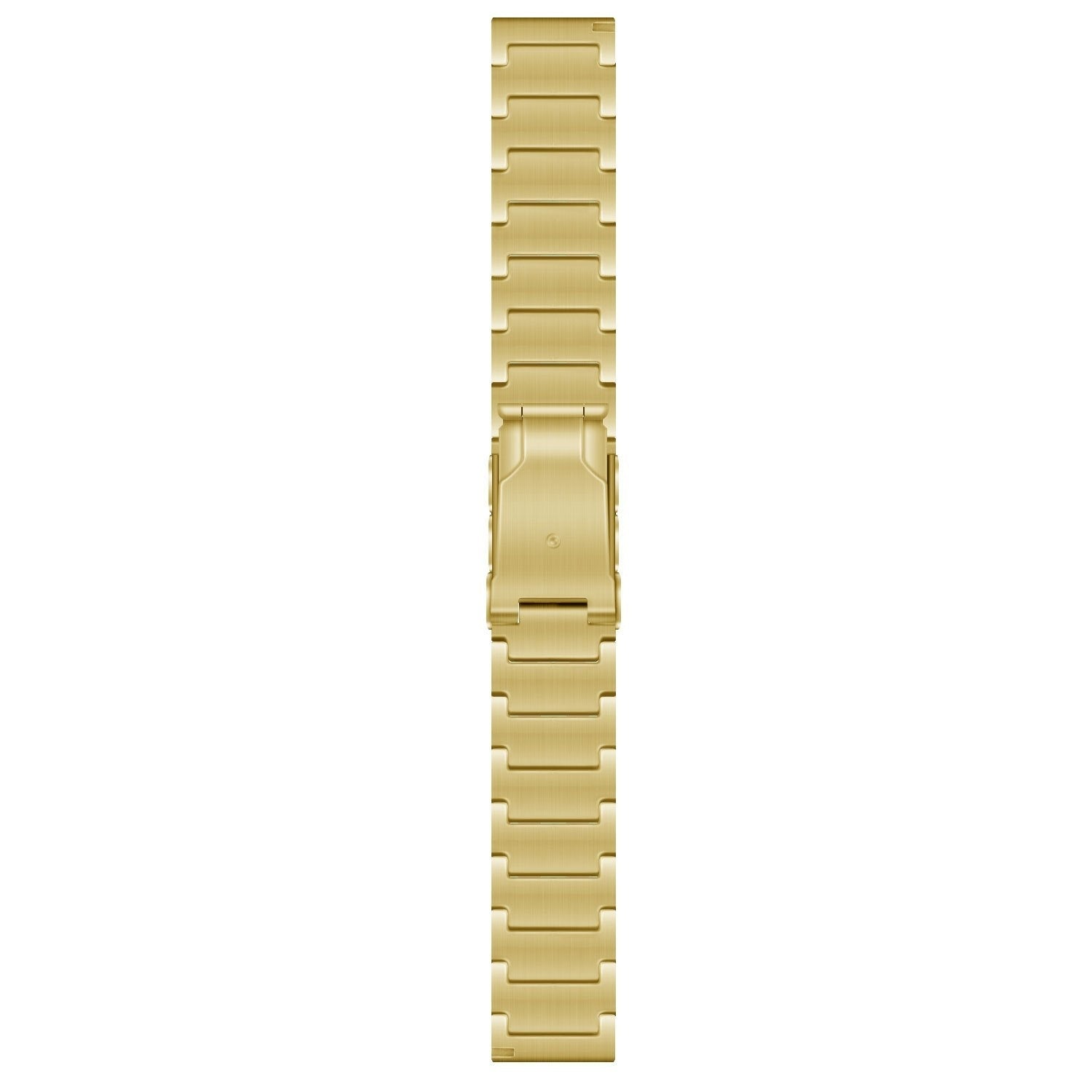 Ein goldfarbenes Uhrenarmband liegt vertikal vor weißem Hintergrund. Das Armband hat einen Verschluss in der Mitte und besteht aus kleinen, rechteckigen Gliedern.