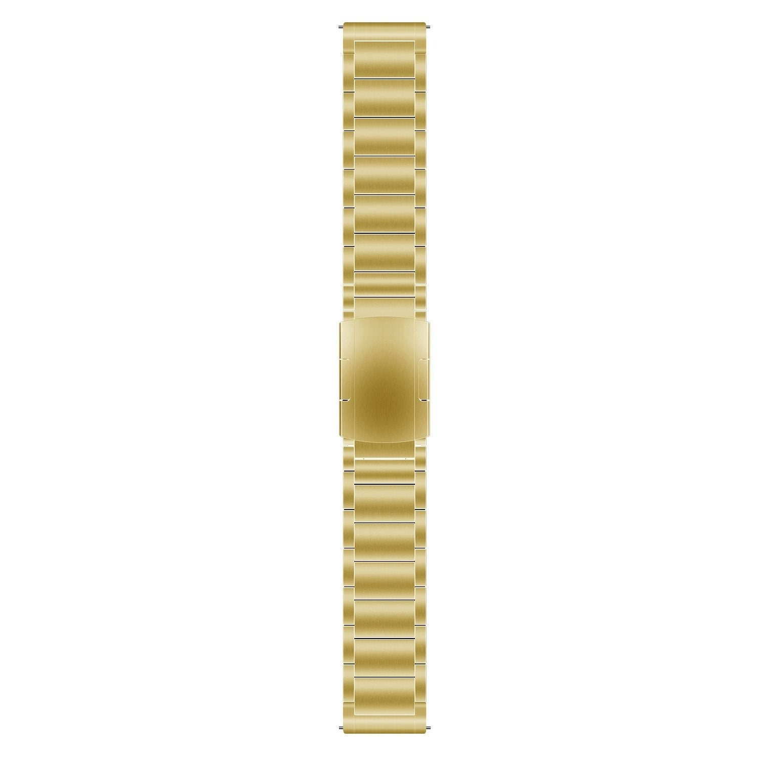 Ein goldfarbenes Uhrenarmband liegt vertikal vor weißem Hintergrund. Das Band besteht aus verbundenen rechteckigen Gliedern mit Verschluss.
