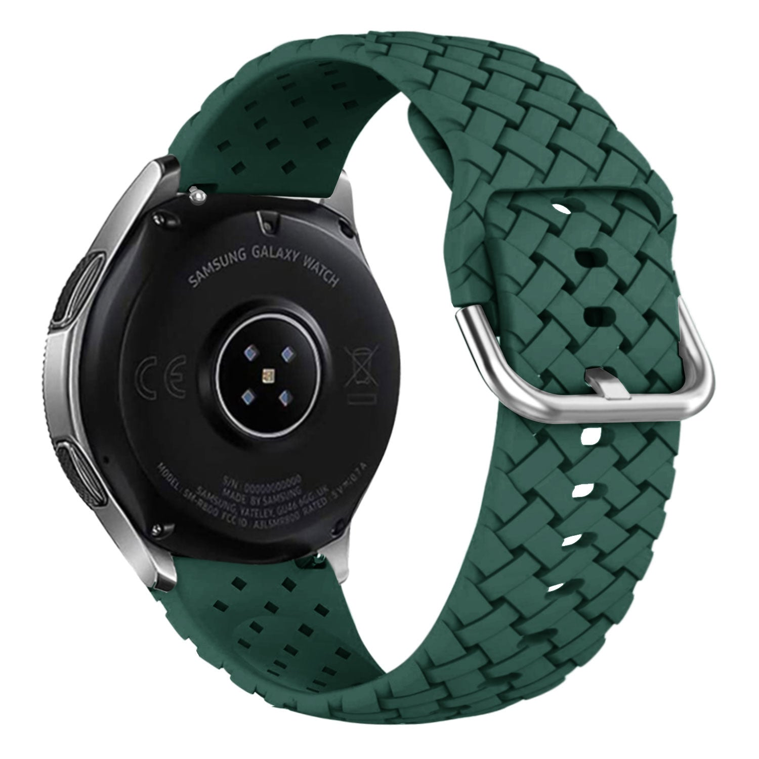 Eine Samsung Galaxy Uhr mit einem grünen, gewebten Armband. Die Rückseite der Uhr ist schwarz mit silbernen Rändern und einer Silberschließe.