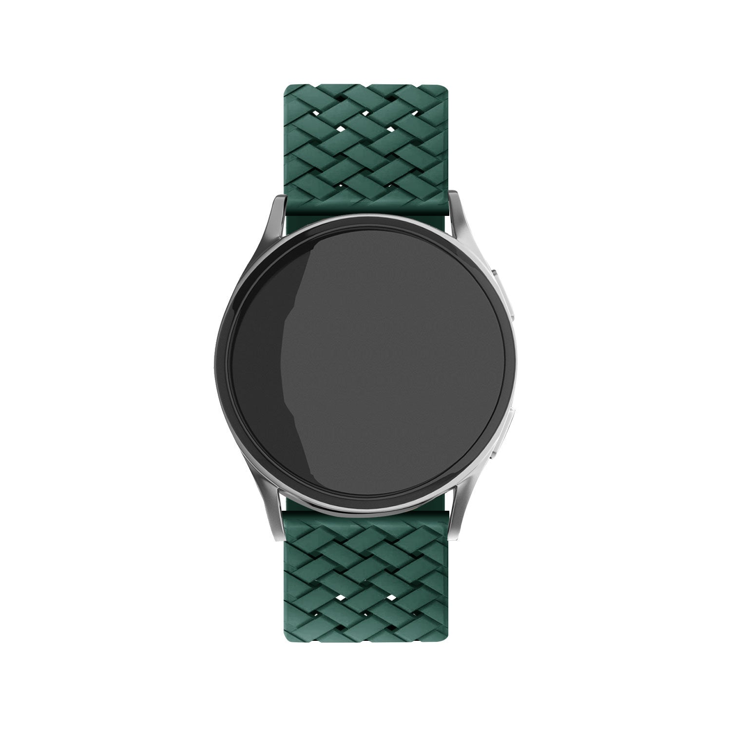 Eine silberne Smartwatch mit schwarzem Bildschirm und grünem geflochtenem Armband ist auf weißem Hintergrund zentriert. Die Uhr ist fokussiert.