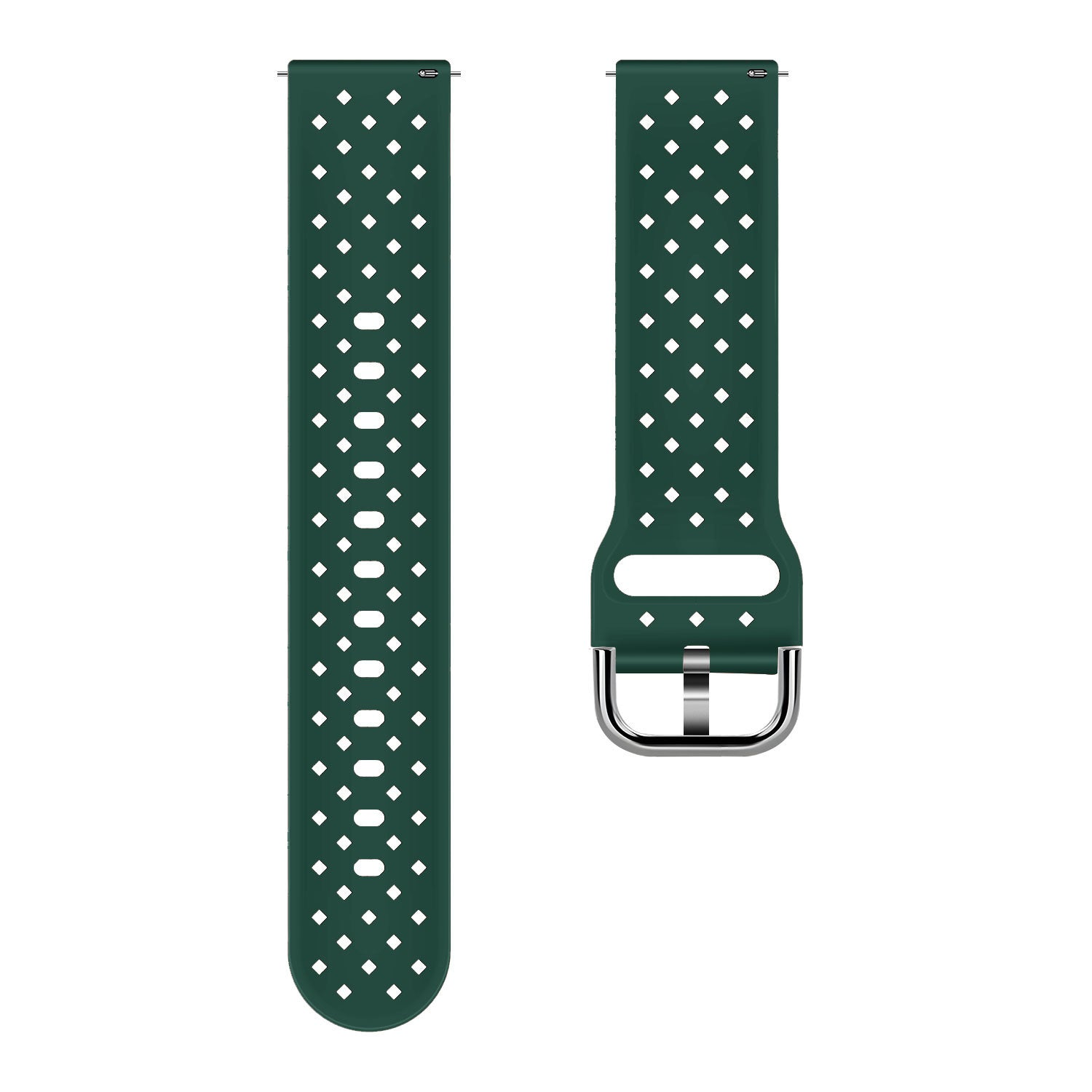 Zwei dunkelgrüne Uhrenarmbänder mit rautenförmigen Perforationen. Ein Armband hat eine silberne Schnalle.