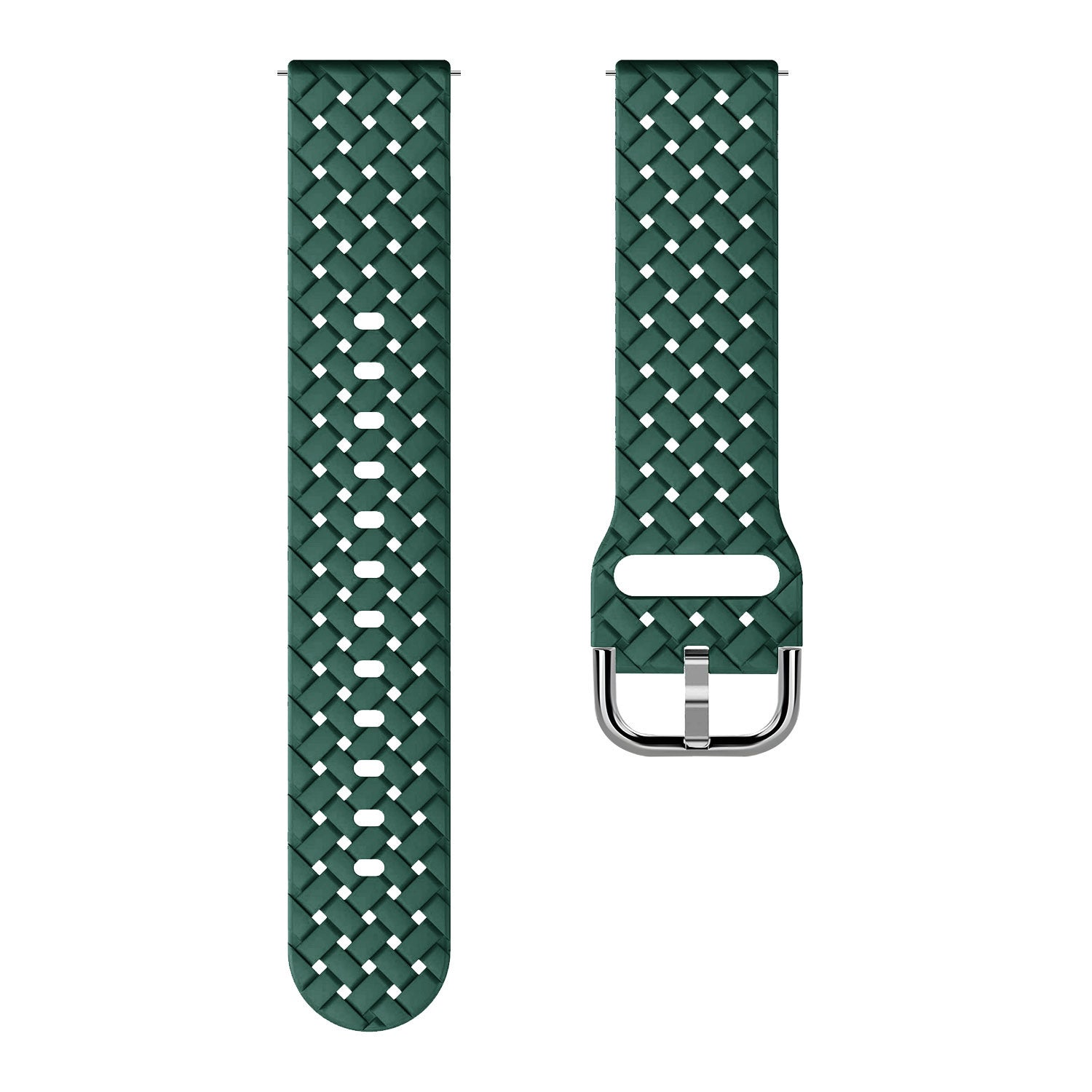 Zwei grüne Uhrenarmbänder. Eines mit Löchern, das andere mit einer silbernen Schnalle. Beide haben ein gewebtes Muster. Weißer Hintergrund.