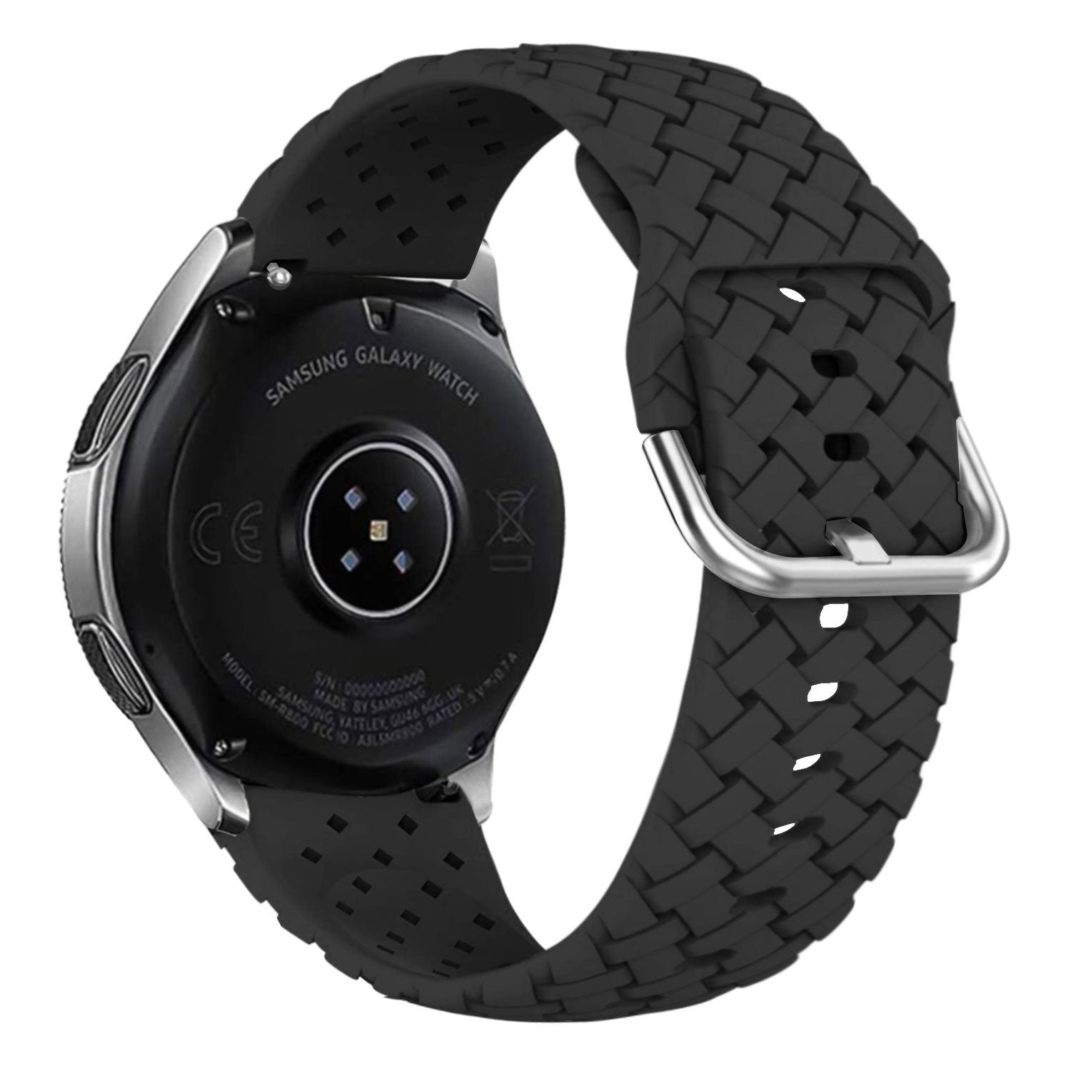 Eine schwarze Samsung Galaxy Watch mit einem schwarzen, gewebten Armband. Die Rückseite der Uhr ist sichtbar.