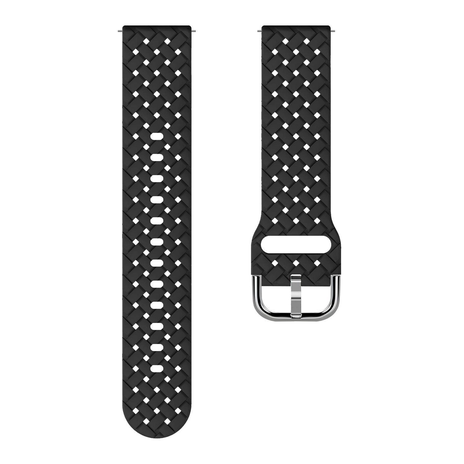Schwarzes Uhrenarmband mit gewebtem Muster und silberner Schnalle. Das Armband hat Löcher zur Anpassung.