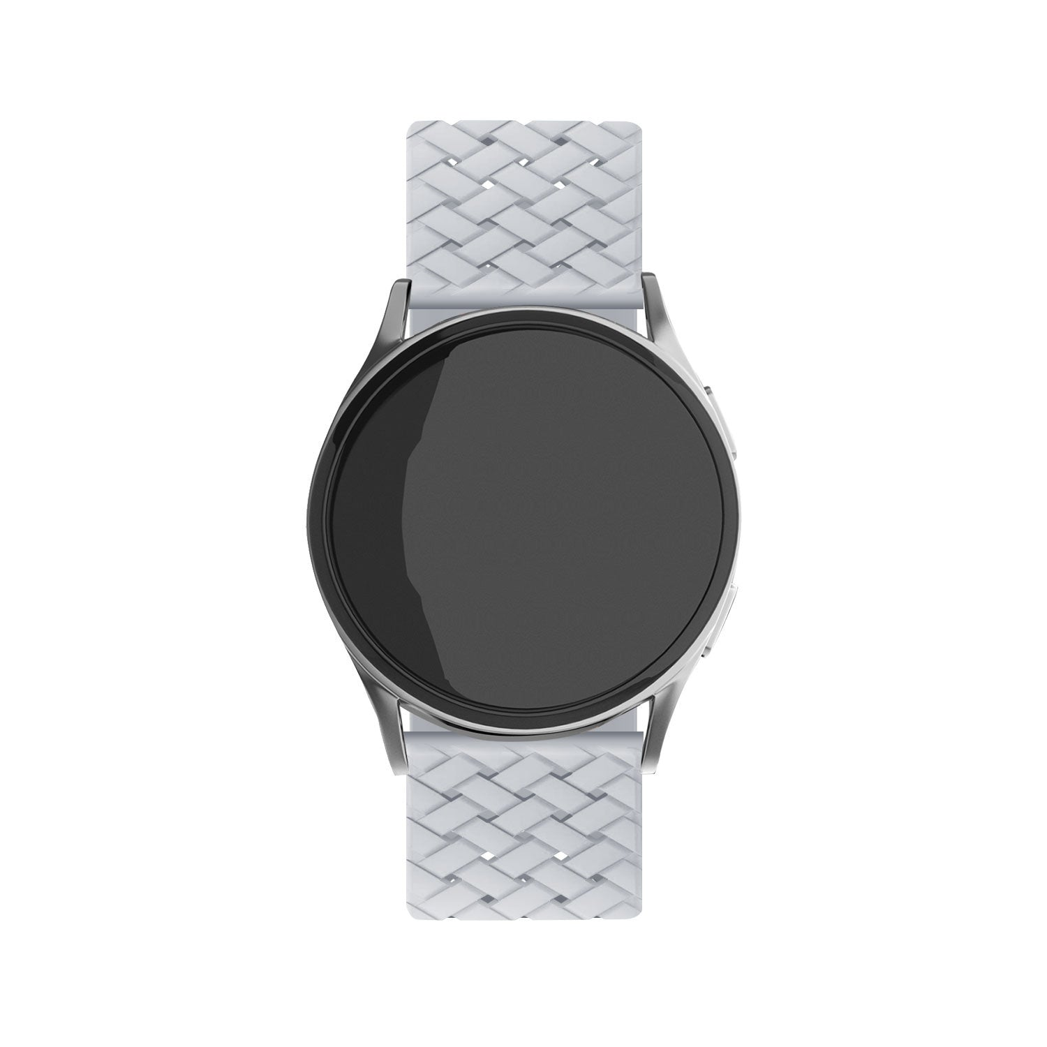 Eine silberne Smartwatch mit schwarzem Bildschirm und weißem gewebtem Armband ist zentriert. Der Hintergrund ist schlicht weiß.