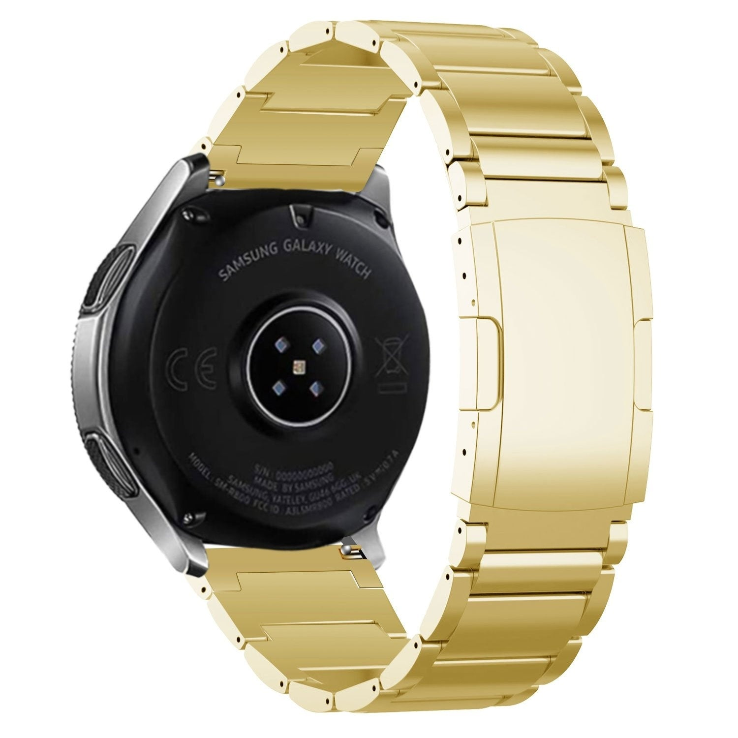 Ein goldenes Metallarmband, das mit einer schwarzen Samsung Galaxy-Uhr verbunden ist. Die Rückseite der Uhr ist mit Text sichtbar.