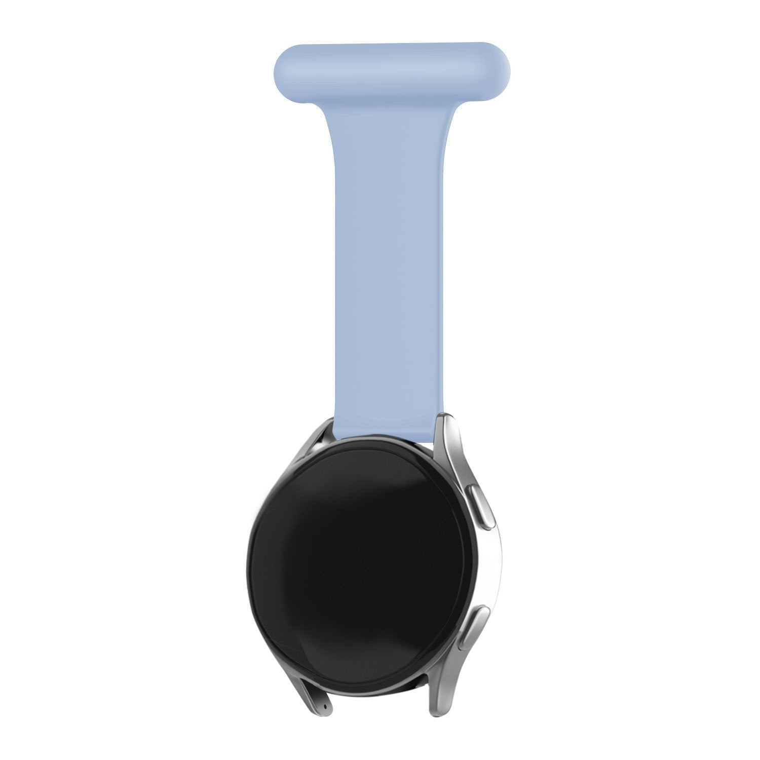 Eine Smartwatch mit schwarzem Bildschirm und silbernem Gehäuse ist an einem hellblauen Band befestigt. Der Hintergrund ist weiß.