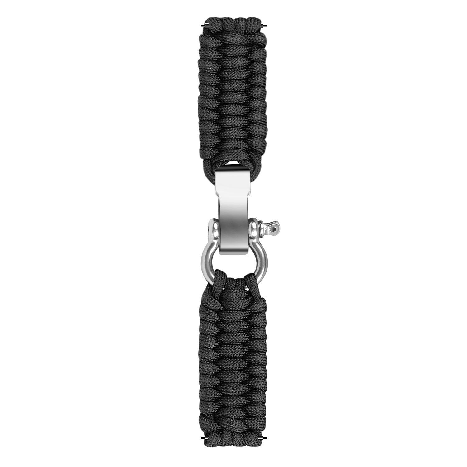 Ein schwarzes Paracord-Uhrenarmband mit einer silbernen Schließe. Das Armband besteht aus dicht gewebtem schwarzen Cord. Die Schließe ist aus Edelstahl.