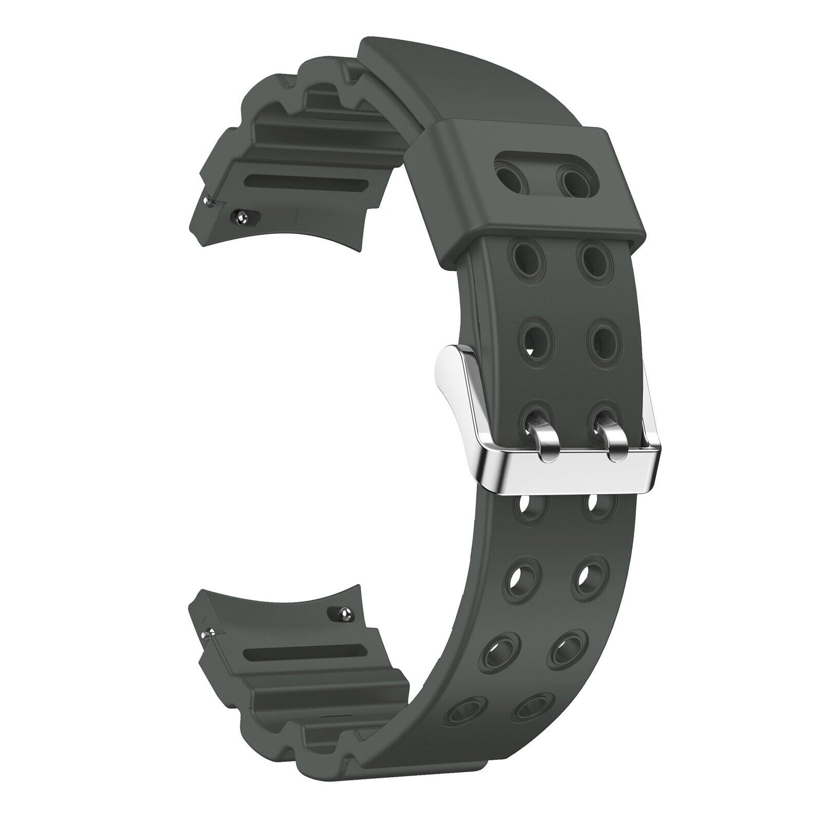Ein olivgrünes Uhrenarmband mit silberner Schnalle vor weißem Hintergrund. Das Armband hat eine strukturierte Oberfläche.