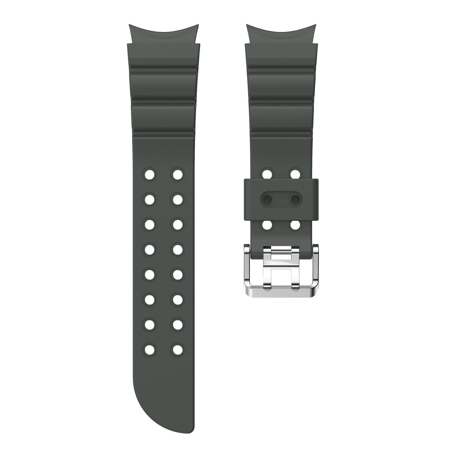 Zwei dunkelgraue Uhrenarmbänder, eines mit Löchern und das andere mit einer Metallschnalle, vor weißem Hintergrund.