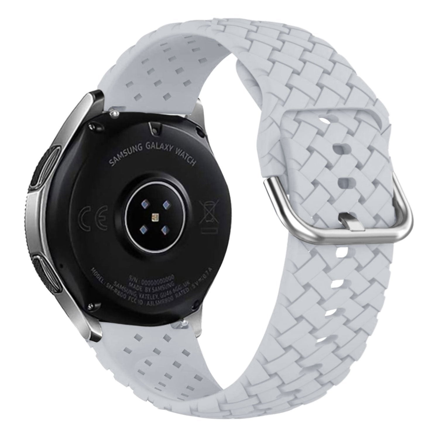 Eine Samsung Galaxy Watch mit einem weißen, gewebten Silikonarmband. Das Zifferblatt ist schwarz mit silbernen Akzenten. Das Armband wird mit einer silbernen Schnalle befestigt.
