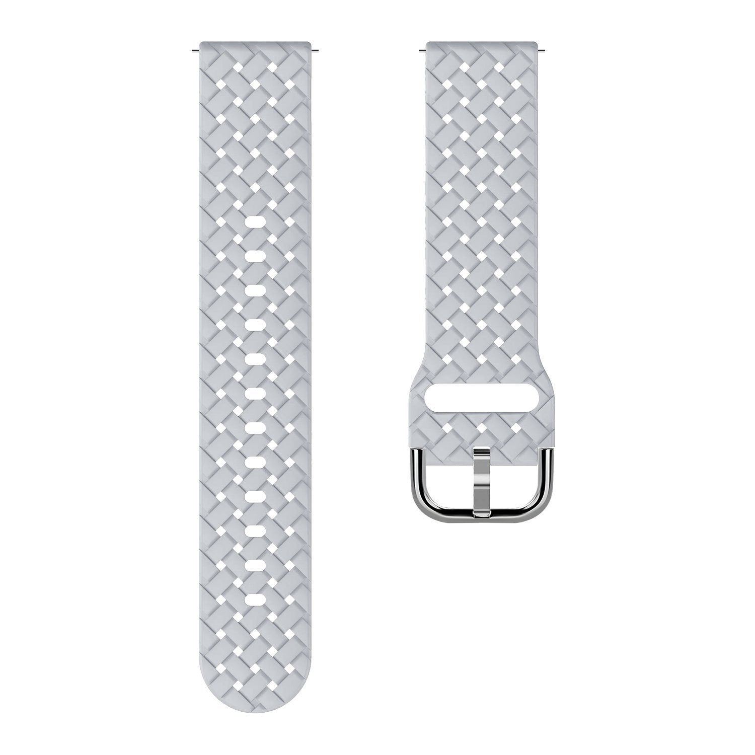 Zwei hellgraue, gewebte Uhrenarmbänder. Eines hat eine Schnalle. Beide haben ein Gittermuster mit ovalen Löchern.