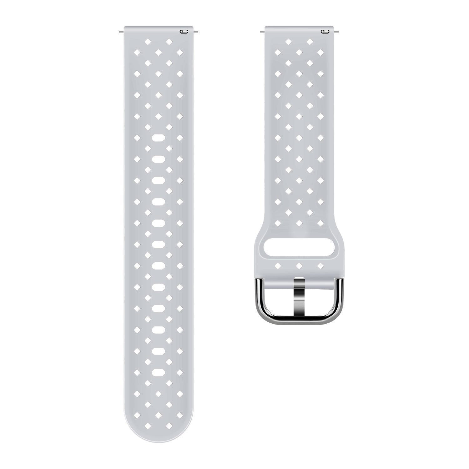 Zwei hellgraue Uhrenarmbänder mit rautenförmigen Perforationen. Ein Armband hat eine Schnalle.