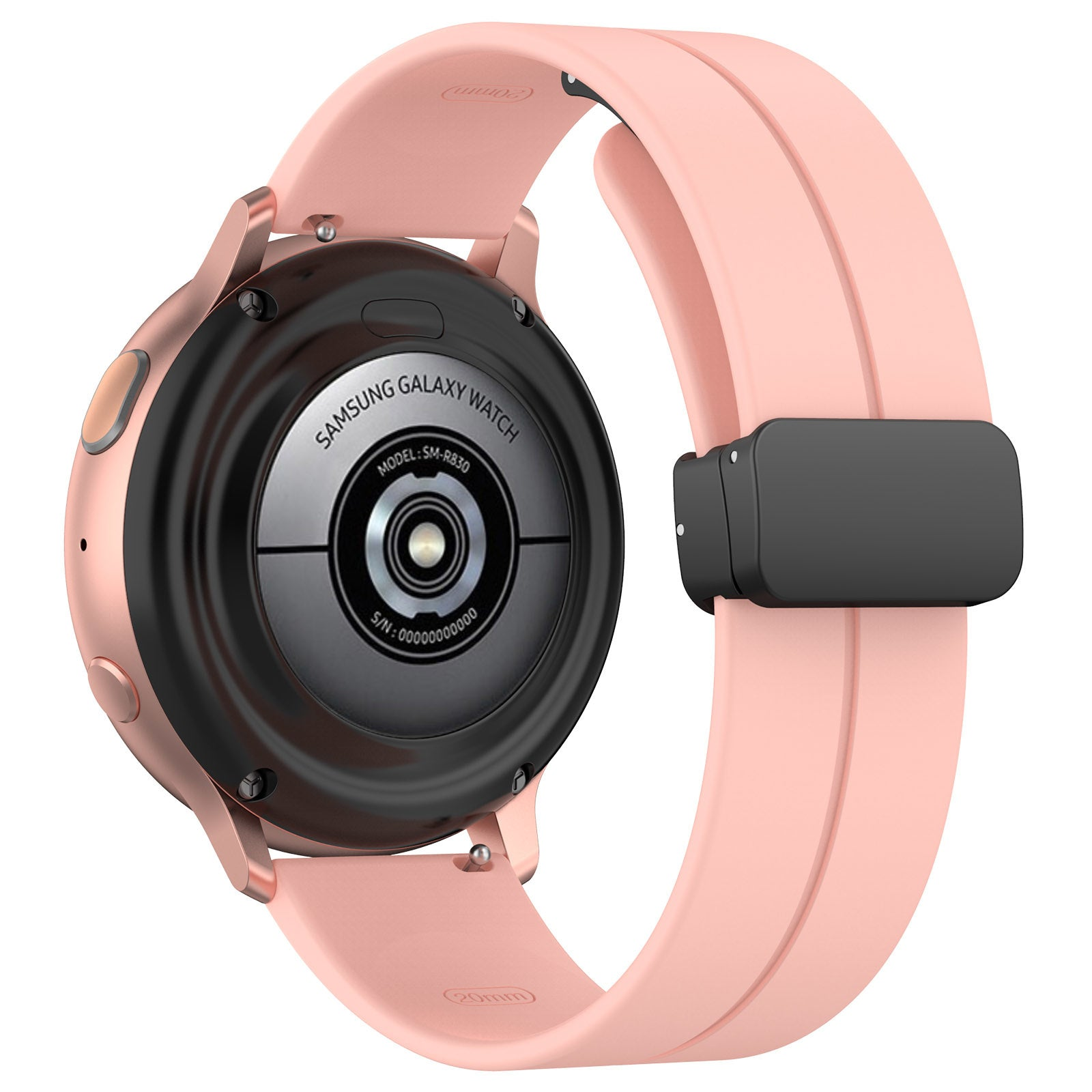 Eine roségoldene Samsung Galaxy Watch mit pinkfarbenem Armband. Die Rückseite der Uhr zeigt Modellinformationen und eine Seriennummer.