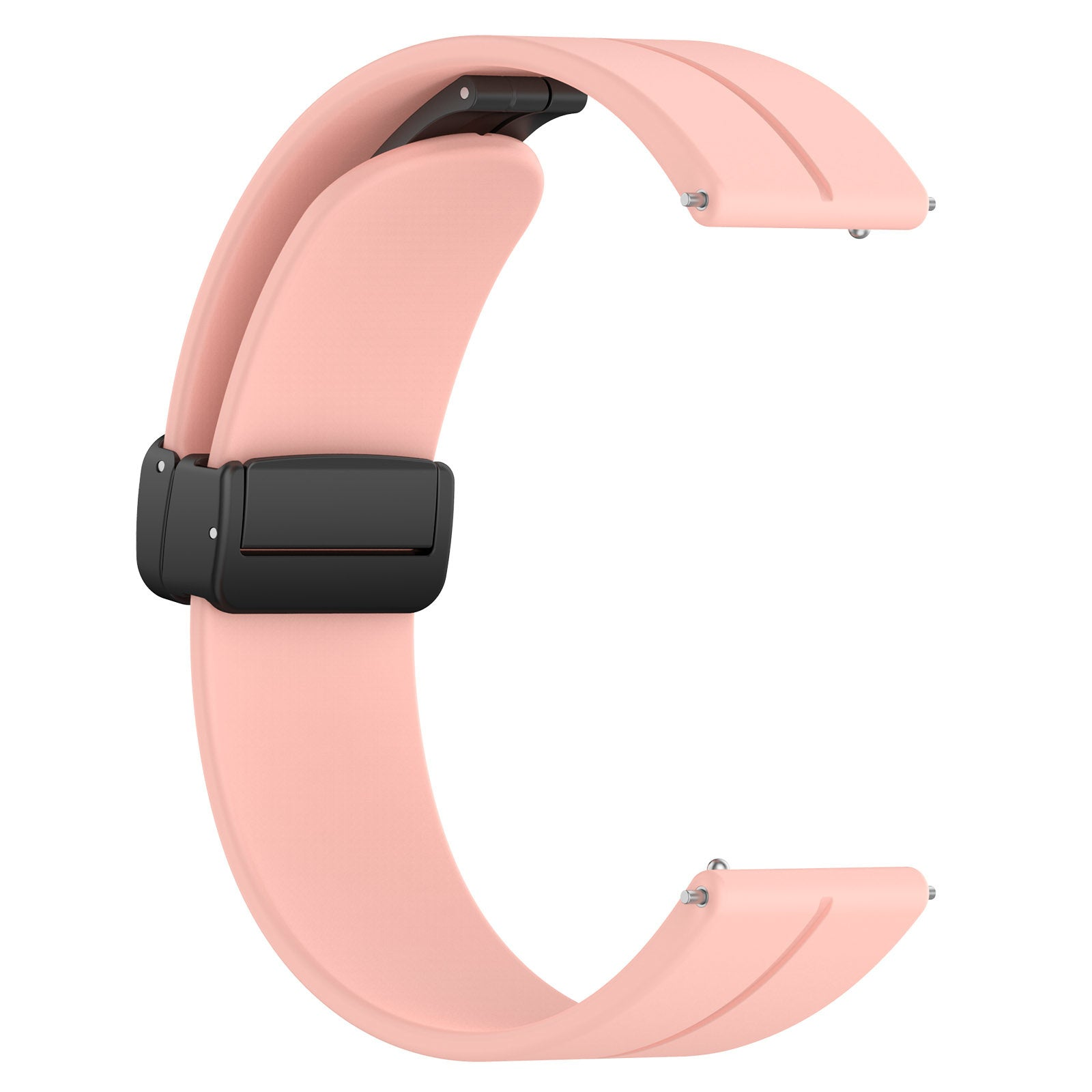 Ein rosa Uhrenarmband mit schwarzem Verschluss wird gezeigt. Es ist in C-Form vor weißem Hintergrund gebogen.