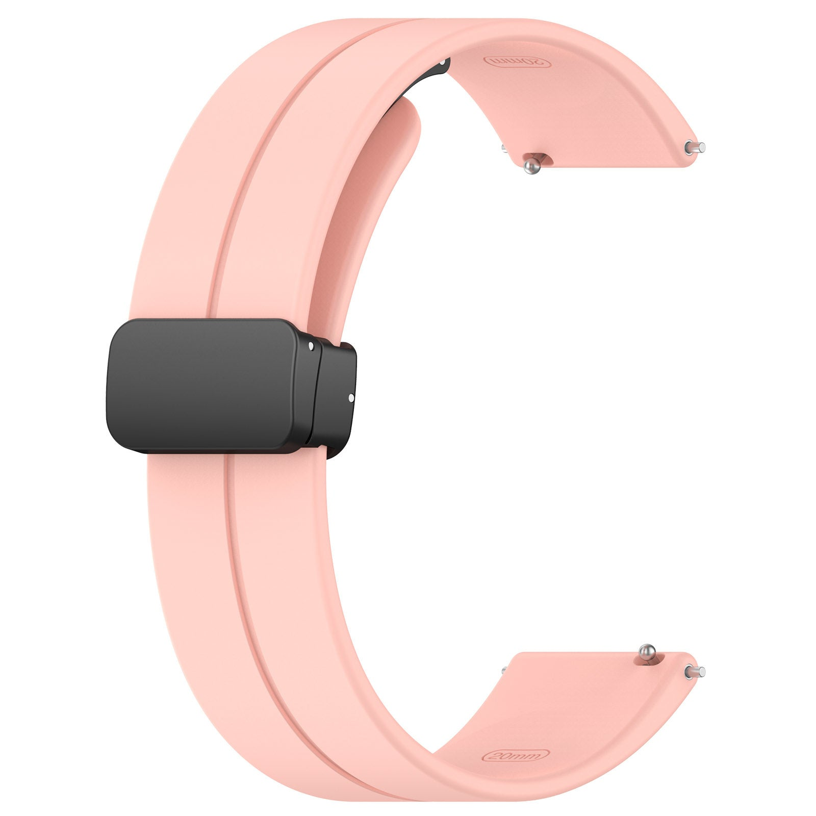 Ein hellrosa Uhrenarmband mit schwarzem Verschluss. Das Armband ist gebogen, mit silbernen Stiften an jedem Ende und weißem Hintergrund.
