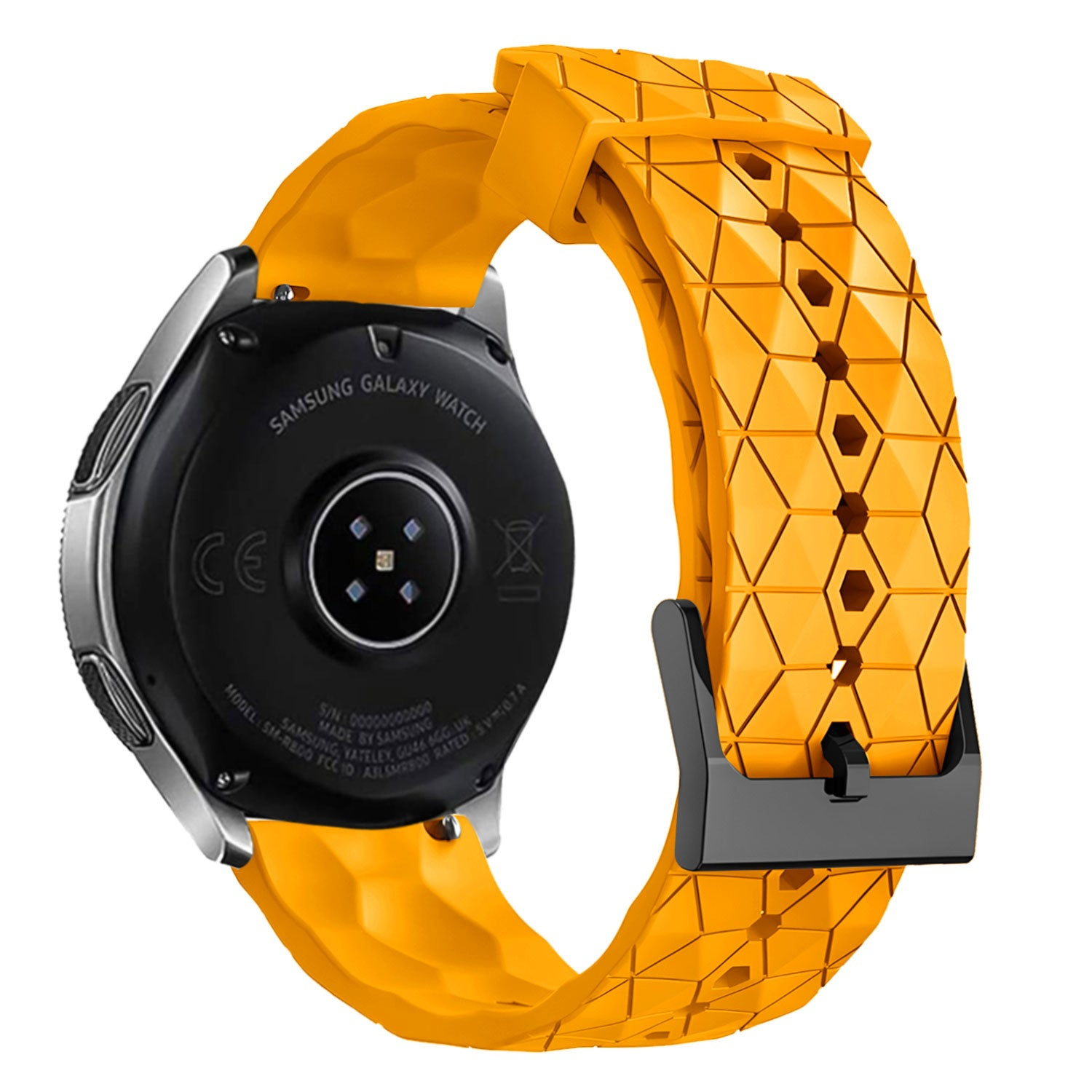 Eine Samsung Galaxy Watch mit gelbem Armband. Die Rückseite der Uhr ist schwarz und das Armband hat ein geometrisches Muster.