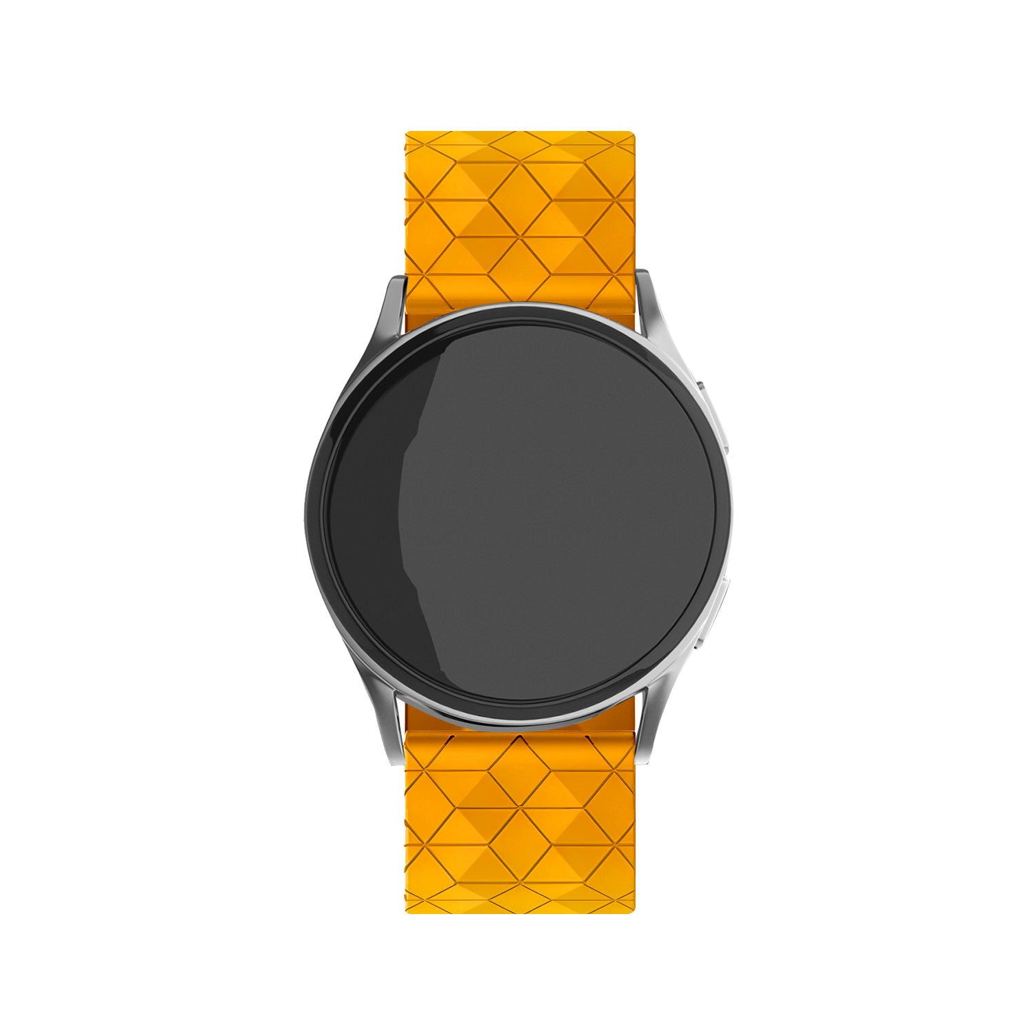 Eine silberne Smartwatch mit schwarzem Bildschirm und orangefarbenem Armband mit geometrischem Muster auf weißem Hintergrund.