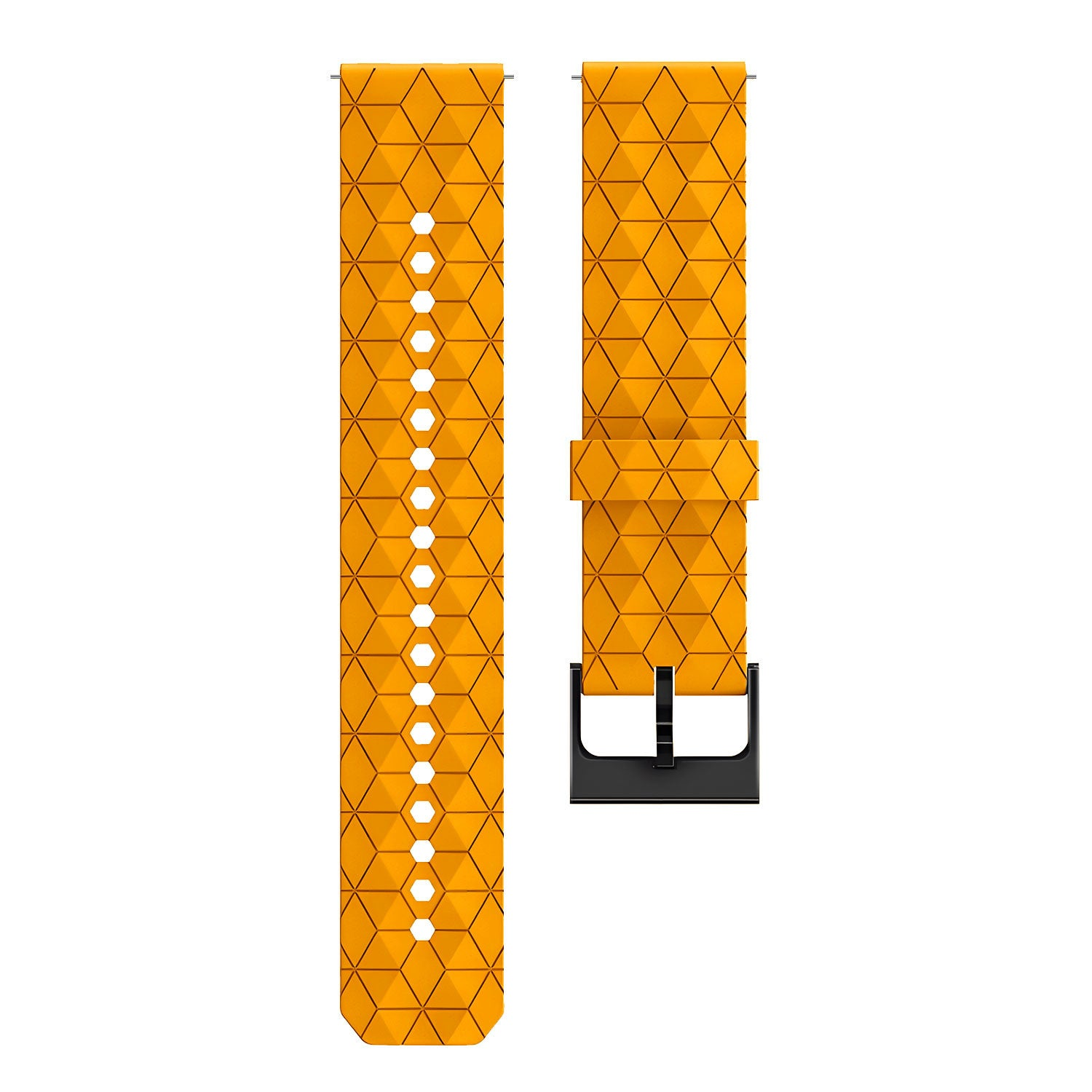 Zwei Uhrenarmbänder mit gelbem geometrischen Muster. Eines hat Löcher, das andere eine schwarze Schnalle. Weißer Hintergrund.