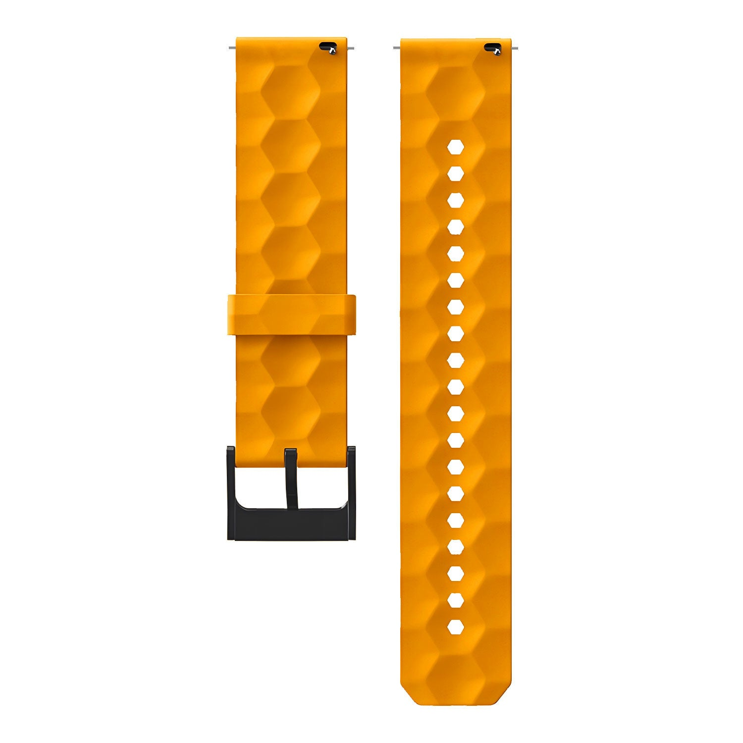 Oranges Armband mit Wabenmuster, schwarzer Schließe und mehreren Löchern. Isoliert auf weißem Hintergrund.