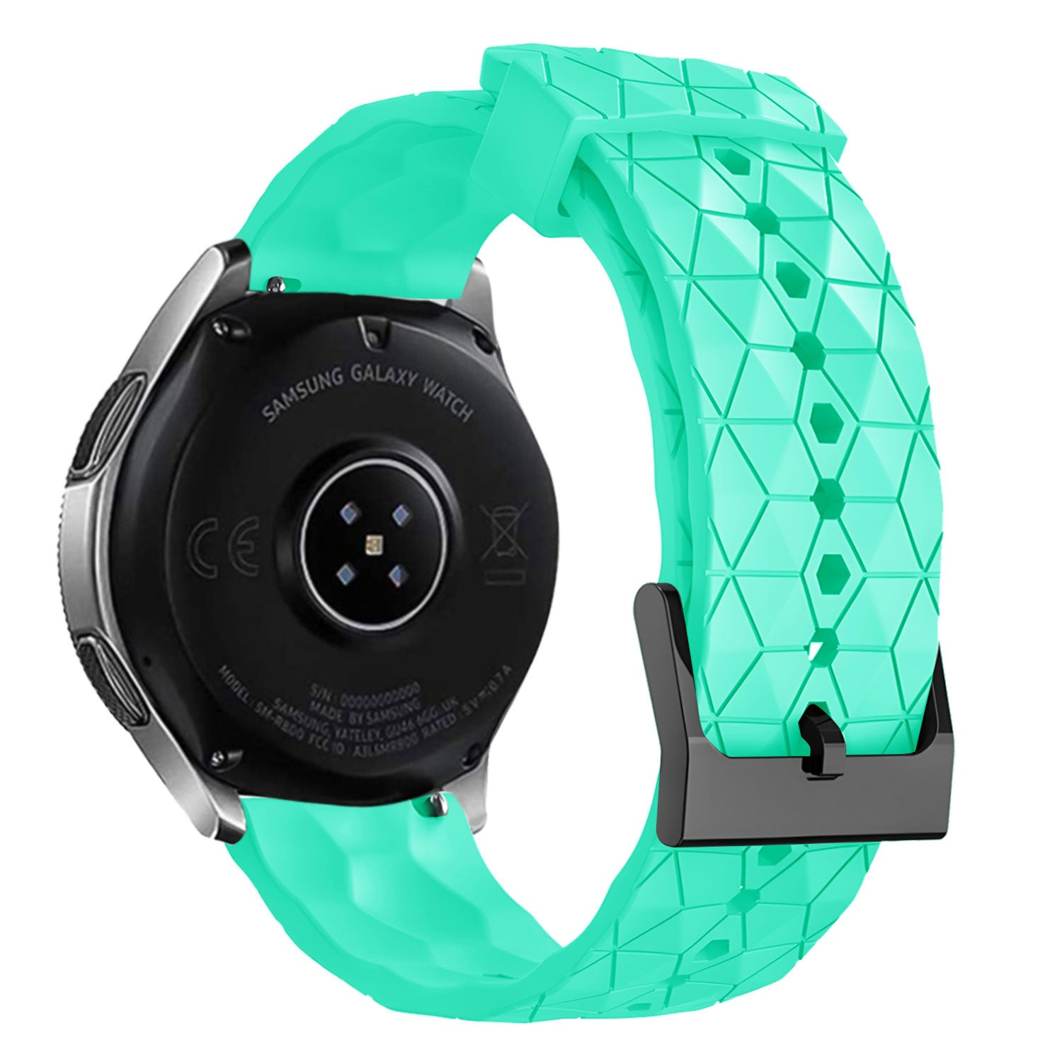 Eine Samsung Galaxy Watch mit einem hellgrünen, gemusterten Armband. Die Uhr ist schwarz und silber, das Armband ist befestigt.