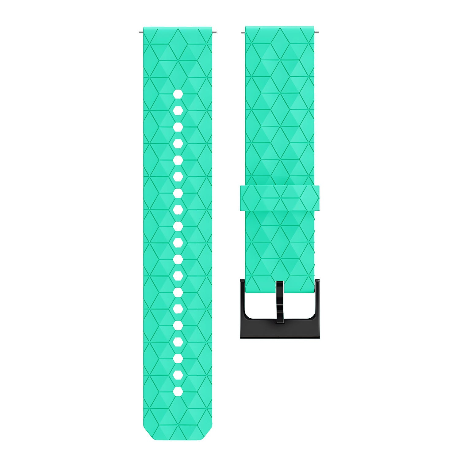 Zweiteiliges türkisfarbenes Uhrenarmband mit geometrischem Muster und schwarzer Schnalle, vor weißem Hintergrund.