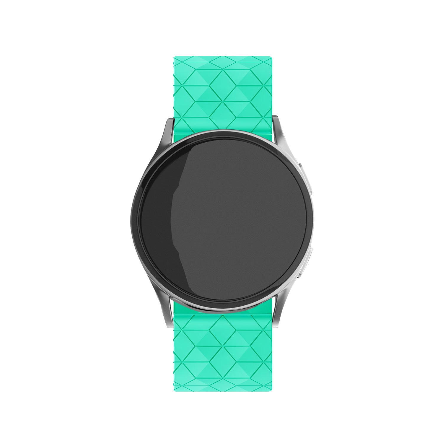 Eine Smartwatch mit schwarzem Zifferblatt und türkisblauem Armband. Das Armband hat ein geometrisches Muster. Die Uhr ist silbern.