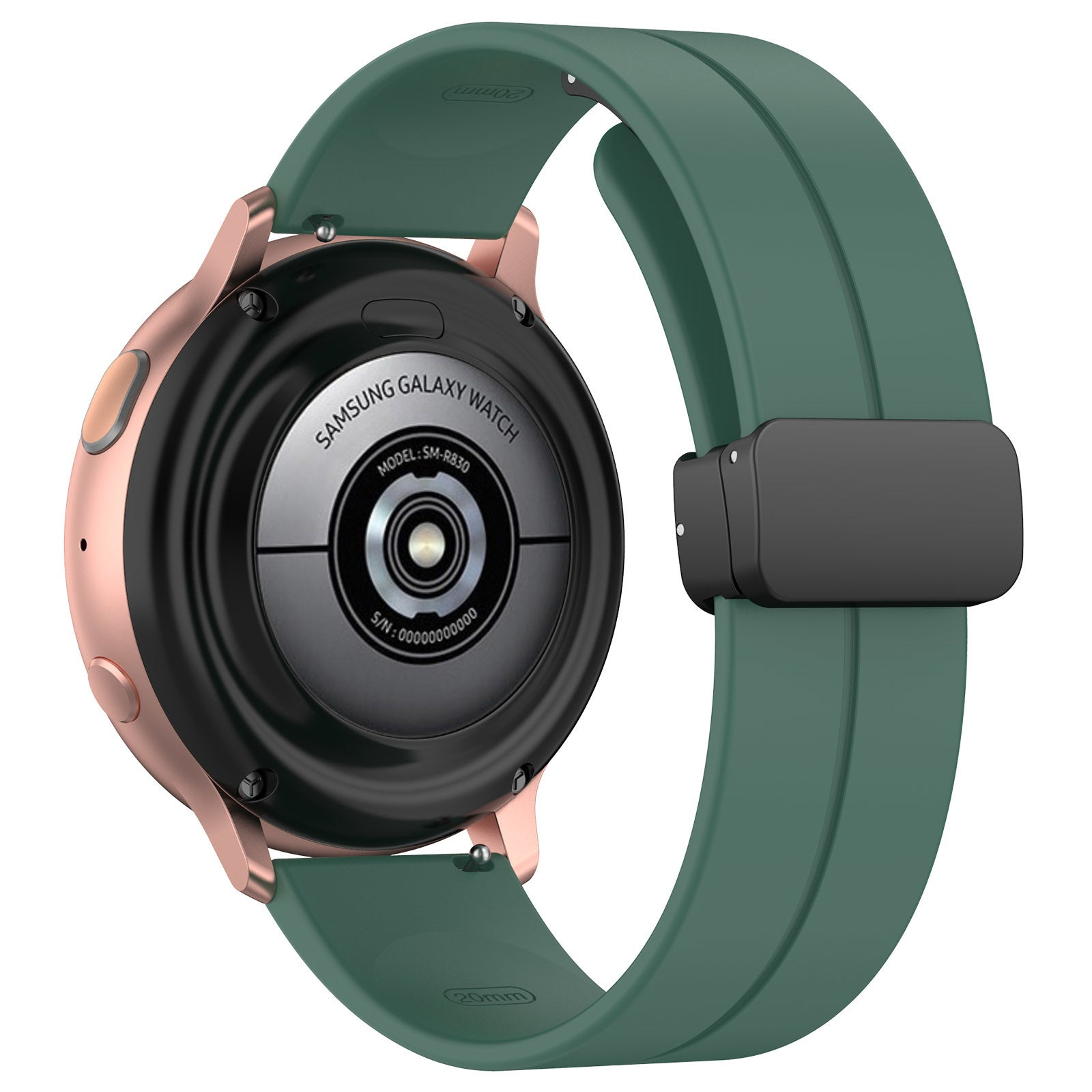 Nahaufnahme einer Samsung Galaxy Watch. Sie hat ein roségoldenes Gehäuse und ein grünes Armband. Die Rückseite zeigt Modelldetails.
