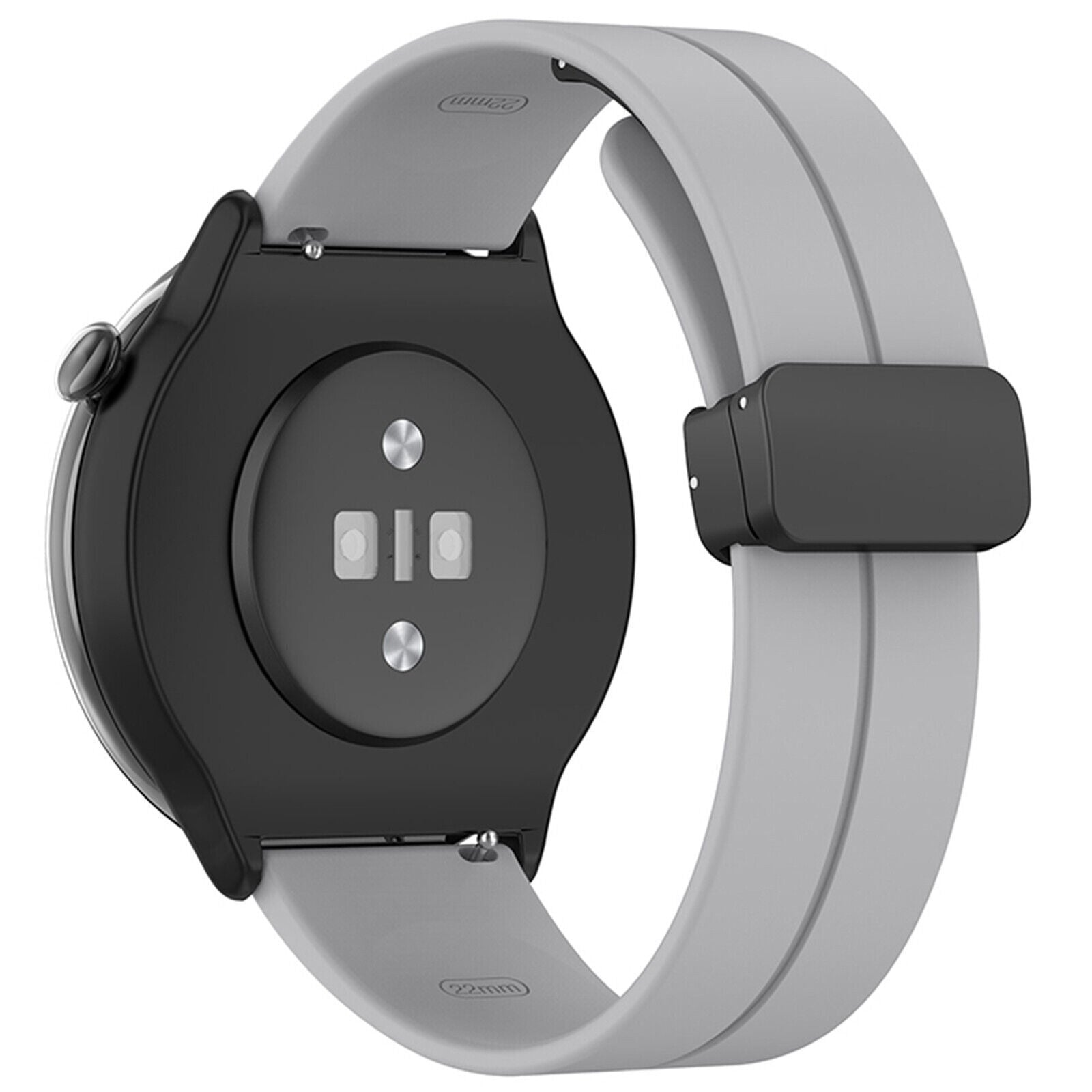 Schwarze Smartwatch mit grauem Armband. Uhrenrückseite zeigt Sensoren. Armband hat eine schwarze Schließe.