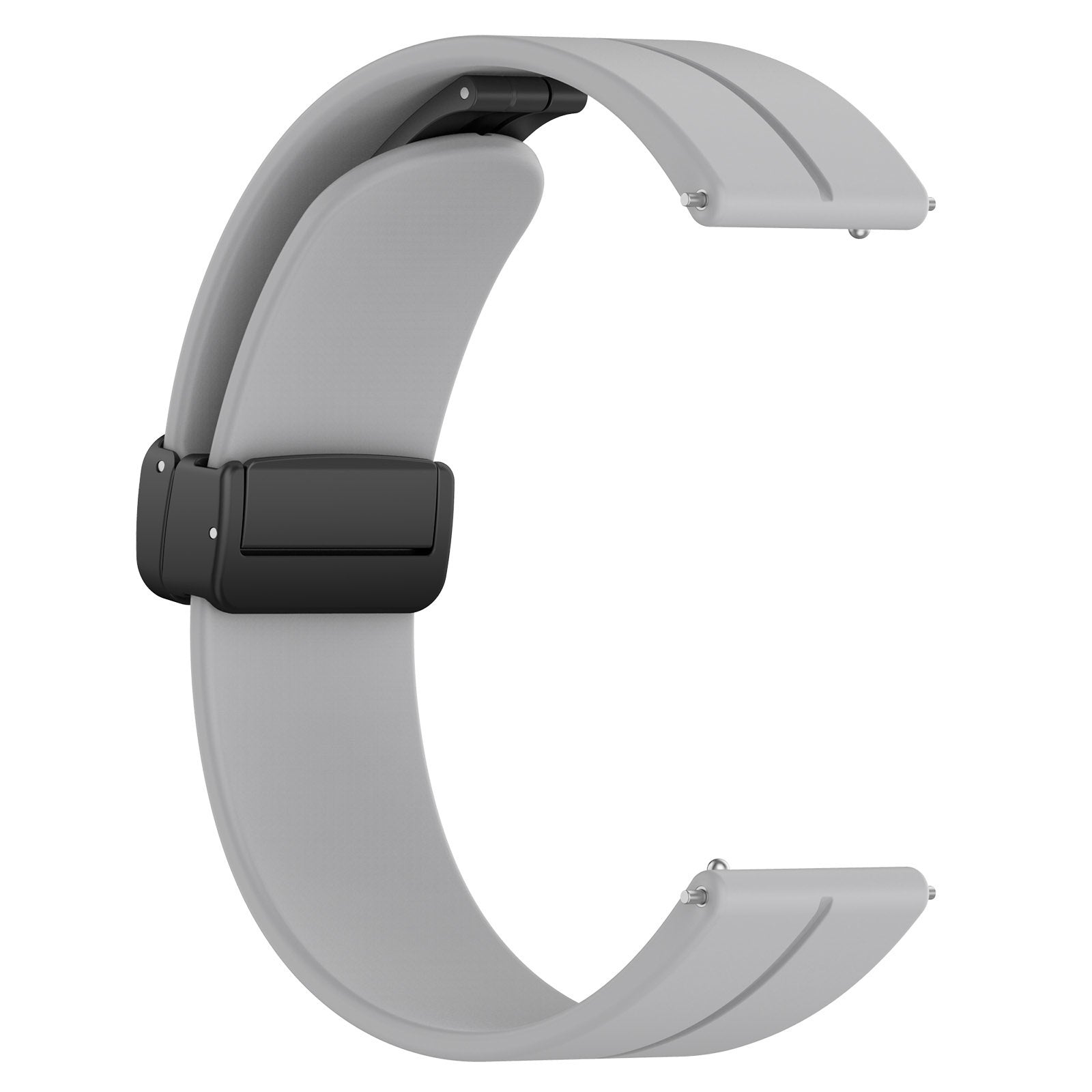 Ein hellgraues Uhrenarmband mit schwarzem Verschluss ist gebogen. Das Armband hat an jedem Ende einen Metallstift.