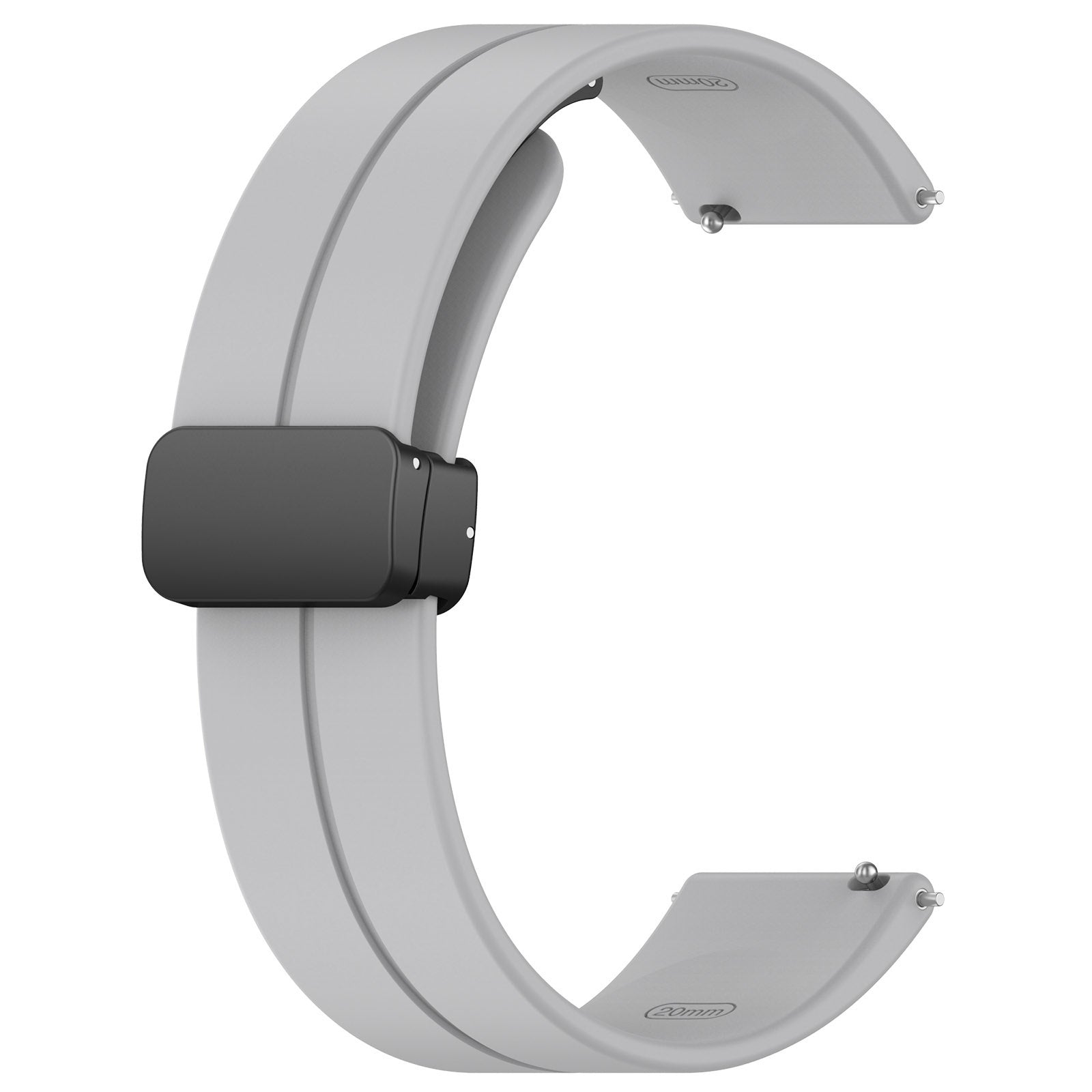 Ein graues Uhrenarmband in C-Form mit einem schwarzen Verschluss in der Mitte. Silberne Stifte an jedem Ende. Weißer Hintergrund.