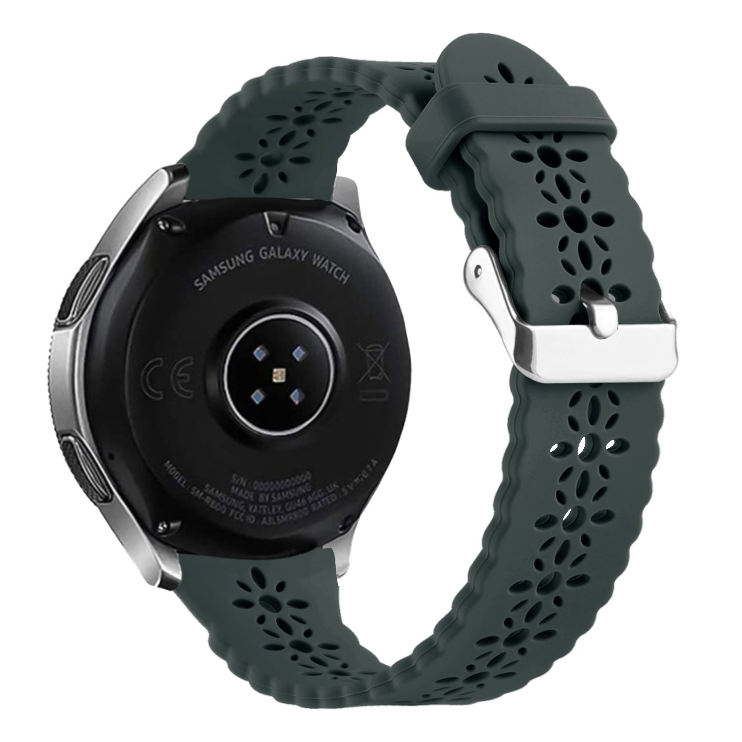 Eine Samsung Galaxy Watch mit dunkelgrünem Armband. Das Armband hat florale Ausschnitte und eine silberne Schnalle. Der Uhrenrücken ist sichtbar.
