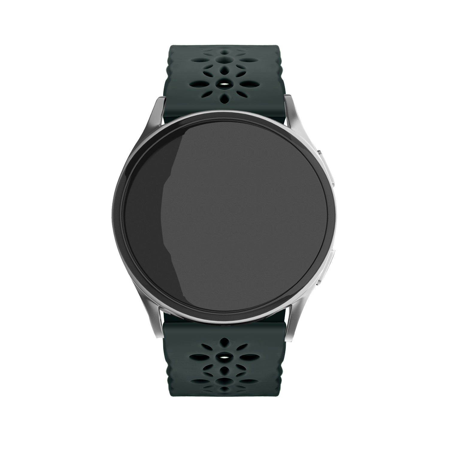 Eine runde Smartwatch mit schwarzem Bildschirm und dunkelgrünem Band mit floralem Muster. Das Uhrengehäuse ist silberfarben.