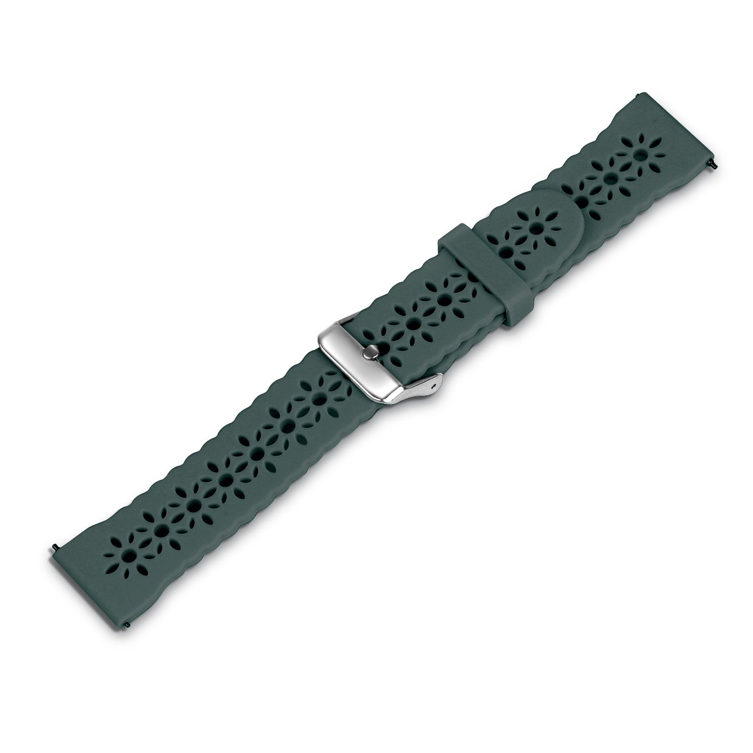 Ein grünes Uhrenarmband mit floralen Aussparungen und einer silbernen Schnalle liegt auf weißem Untergrund.