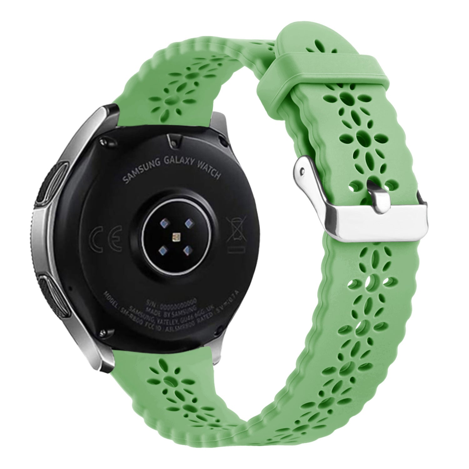 Eine Samsung Galaxy Watch mit hellgrünem Armband. Das Armband hat florale Ausschnitte. Die Uhr ist schwarz mit silbernen Rändern.