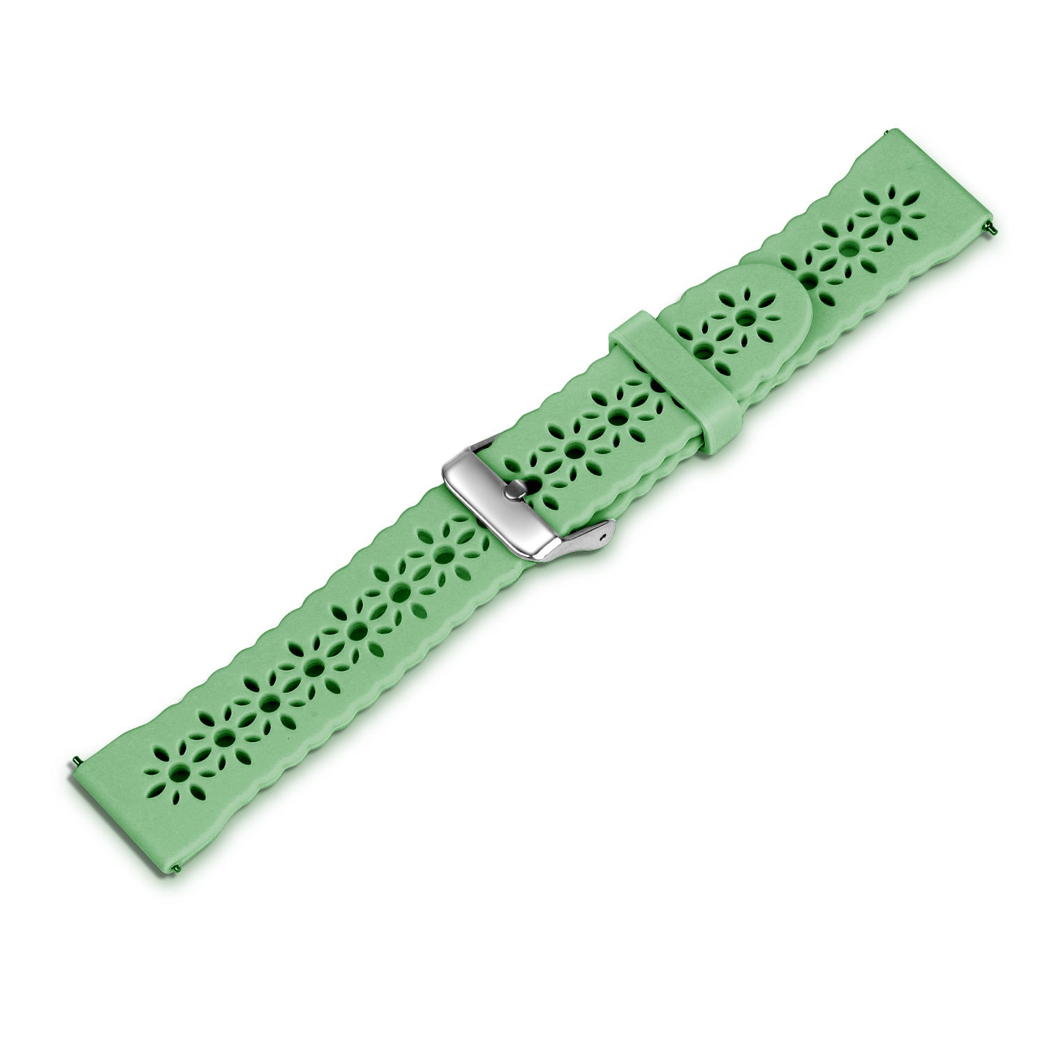 Ein hellgrünes Uhrenarmband mit blütenförmigen Aussparungen. Es hat eine Metallschnalle und ist vor einem weißen Hintergrund angeordnet.