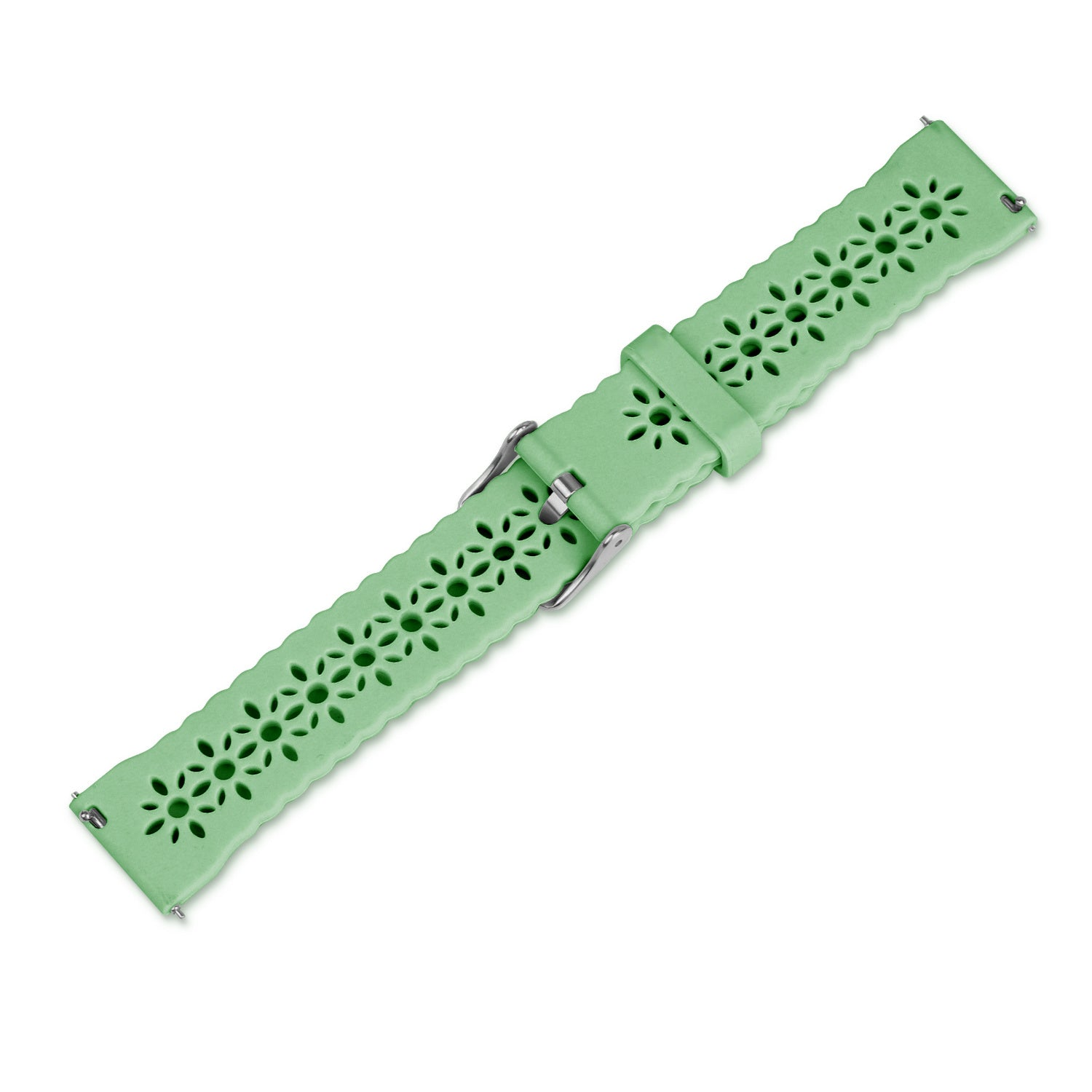 Ein hellgrünes Uhrenarmband mit floralem Muster und Metallschnalle. Das Armband befindet sich auf weißem Hintergrund.