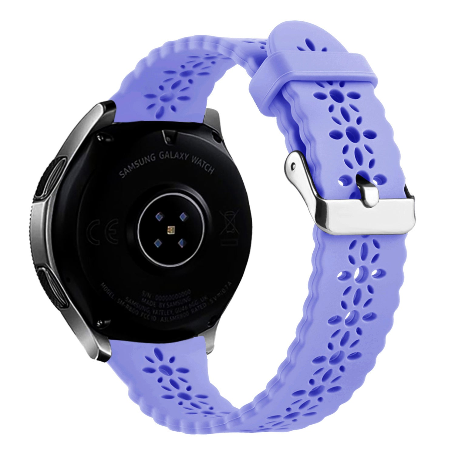 Eine Samsung Galaxy-Uhr mit einem hellvioletten Armband. Das Armband hat ein florales Design und einen Metallverschluss. Das Zifferblatt ist schwarz.