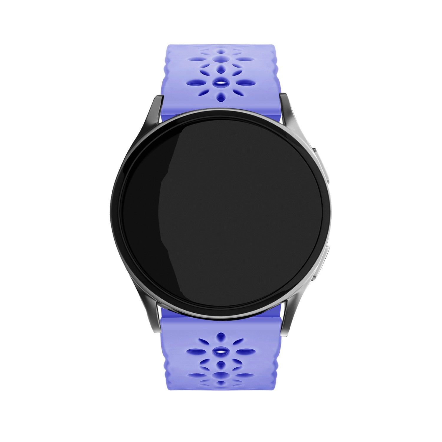 Eine Smartwatch mit schwarzem Bildschirm und hellviolettem Armband mit floralen Ausschnitten. Die Uhr hat eine silberne Lünette. Weißer Hintergrund.