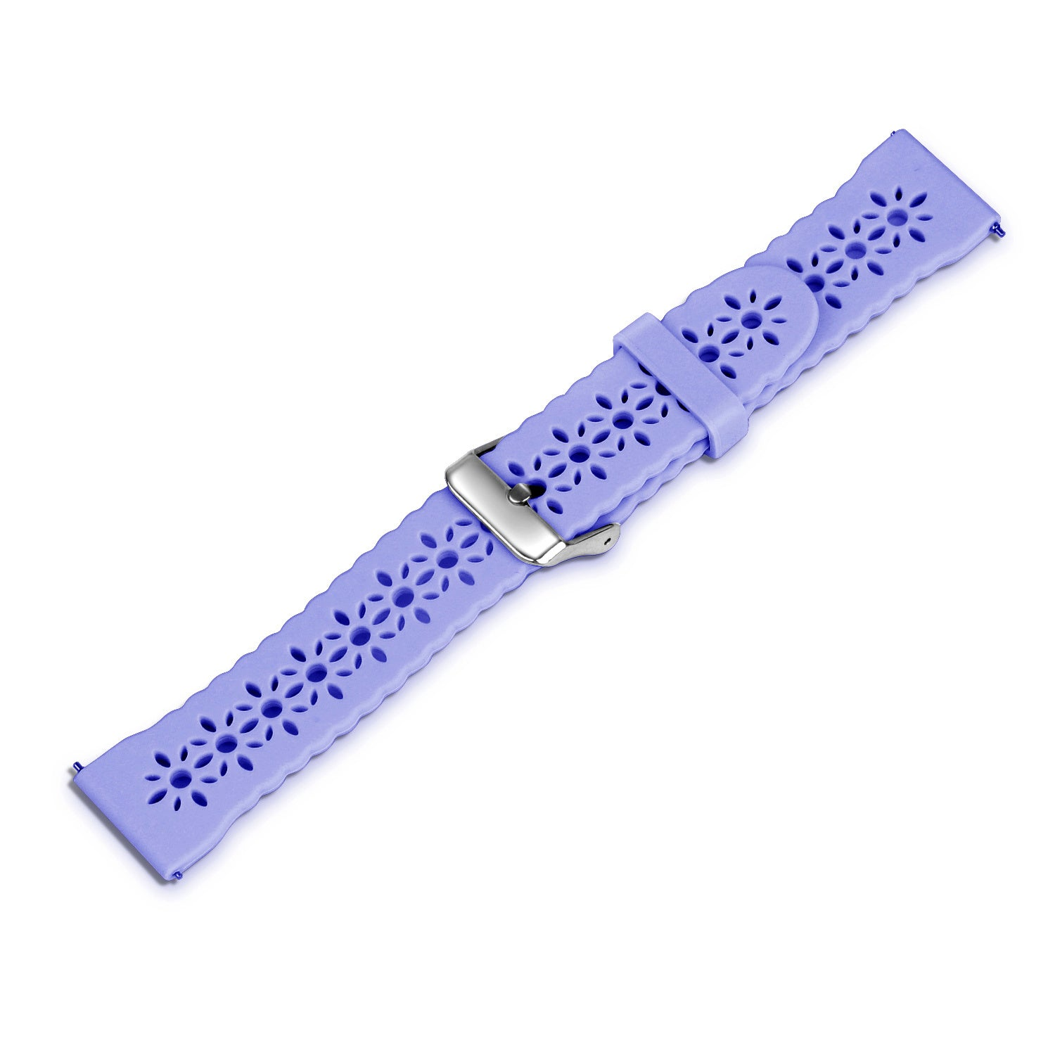 Ein helllila Uhrenarmband mit floralen Aussparungen und einer silbernen Schnalle liegt diagonal auf weißem Grund.