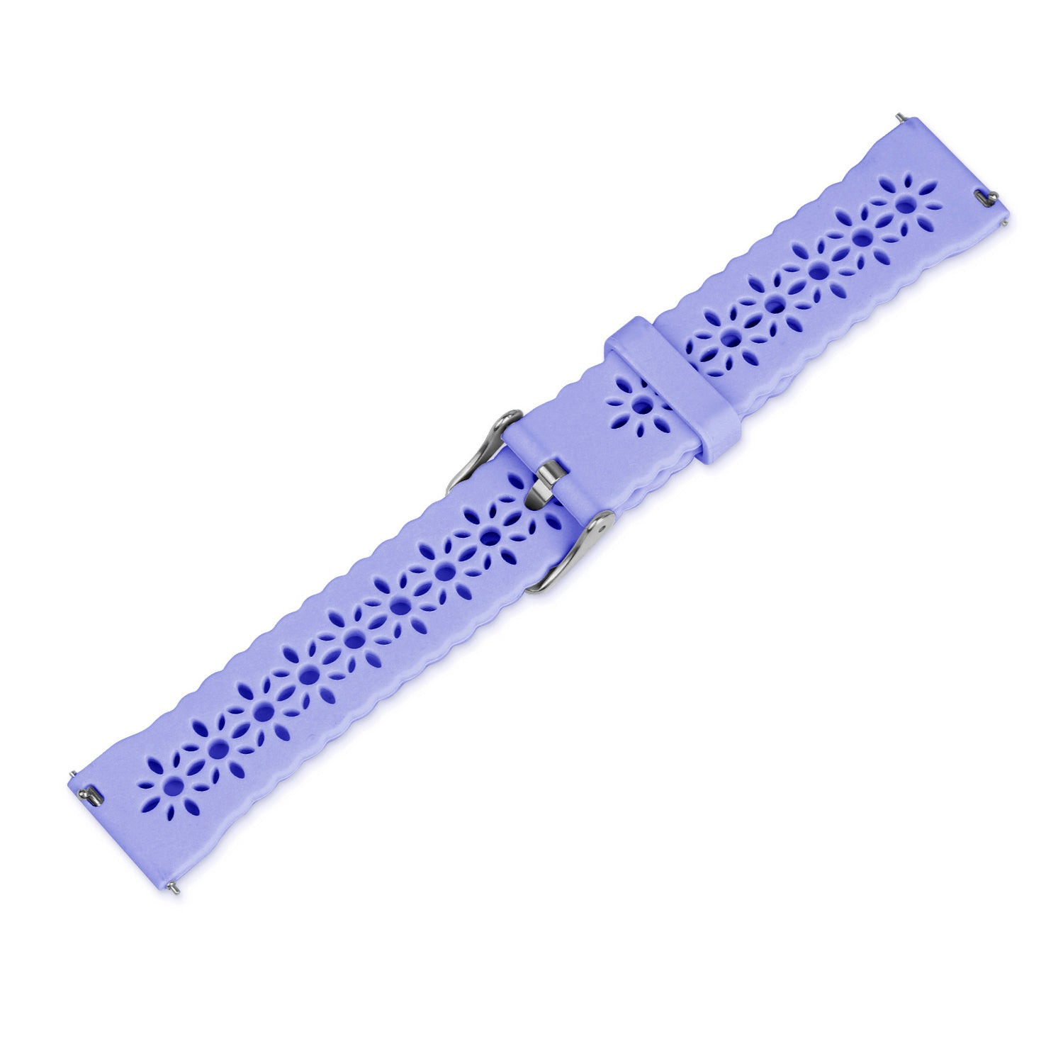 Ein helllila Uhrenarmband mit blütenförmigen Aussparungen und Metallschnalle, isoliert auf weißem Hintergrund.