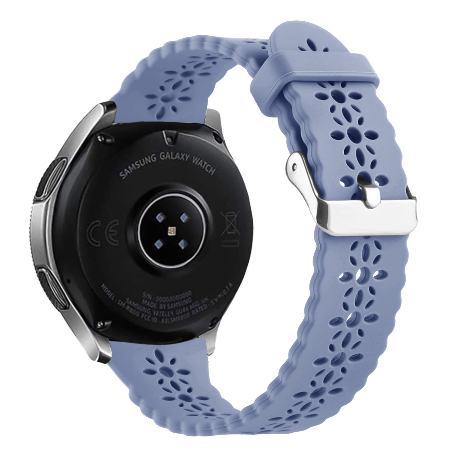 Eine Samsung Galaxy Watch mit hellblauem Armband. Das Armband hat ein Blumenmuster. Das Zifferblatt ist schwarz und silber.